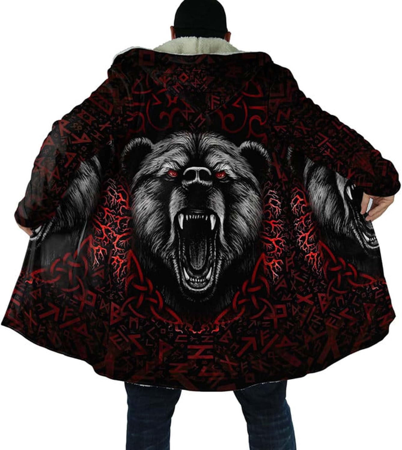 Nordic 3D Printing Men's Winter Hooded Cloak Viking Axe Tattoo Parka Thickened Warm Faux Cashmere Coat Casual Jacket