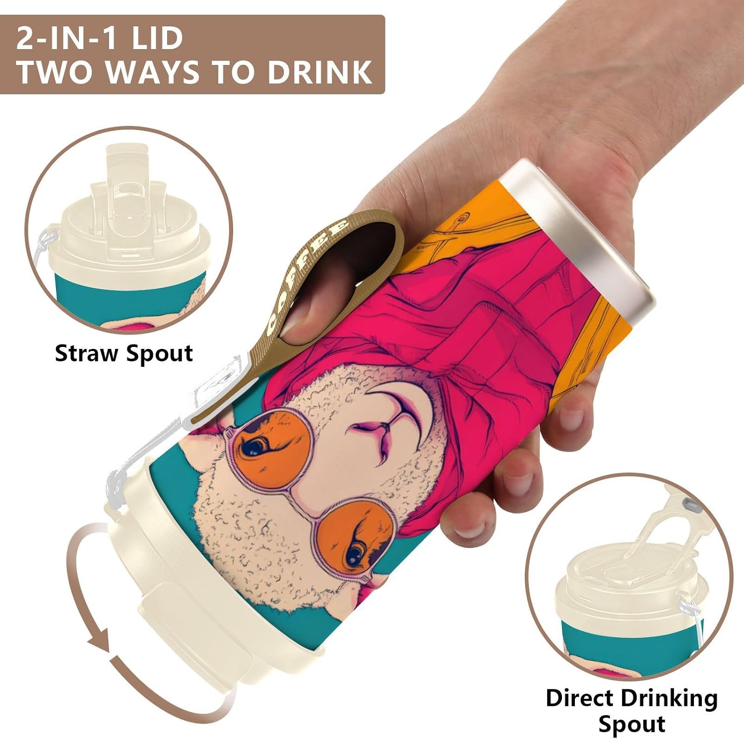 Insulated Coffee Mug Sheep Sunglasses Scarf with Straw & Flip Lid, 16.9oz Iced Tumbler Cup, Double Wall Vacuum Mug for Travel Office Camping