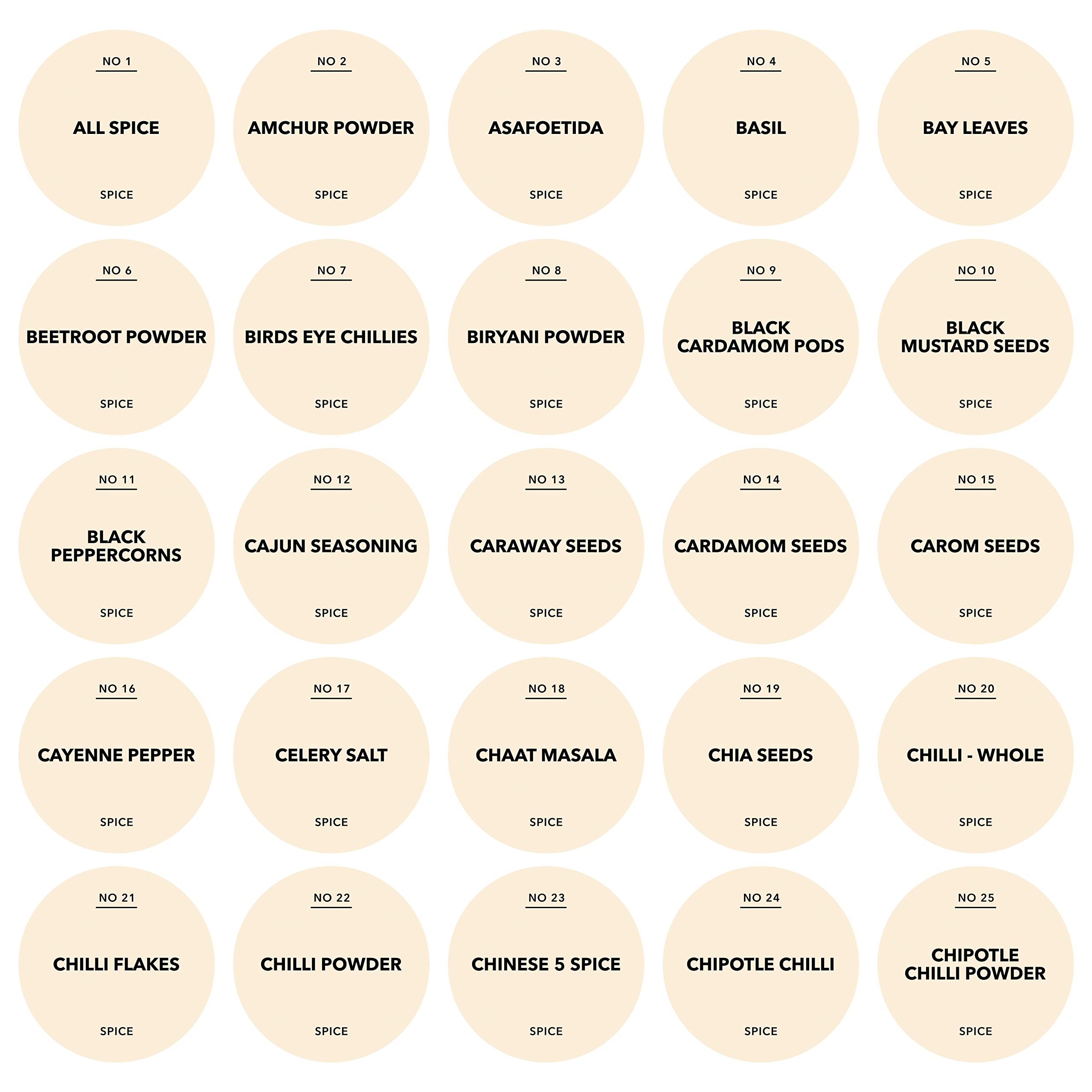 Spice Jar Labels - Water Resistant 37mm Satin Plastic Stickers - Top 100 Herbs & Spices - Design 1