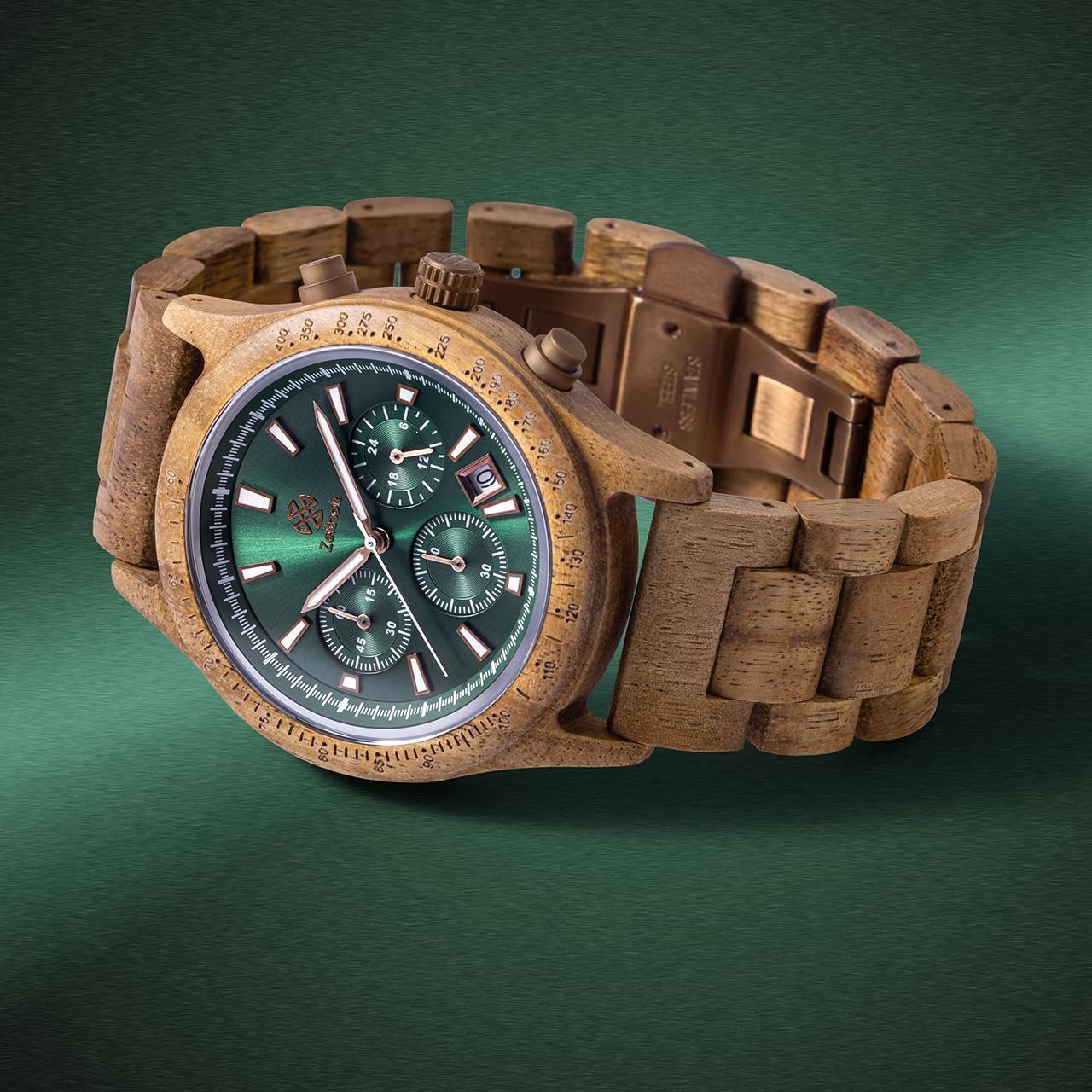 Orologi in Legno per Uomo, Orologio di Legno, Regali, Orologio Cronografo, Analogico, Calendario. Nuovo Bergen 42mm, Legno Naturale al 100% con Movimento al Quarzo Giapponese