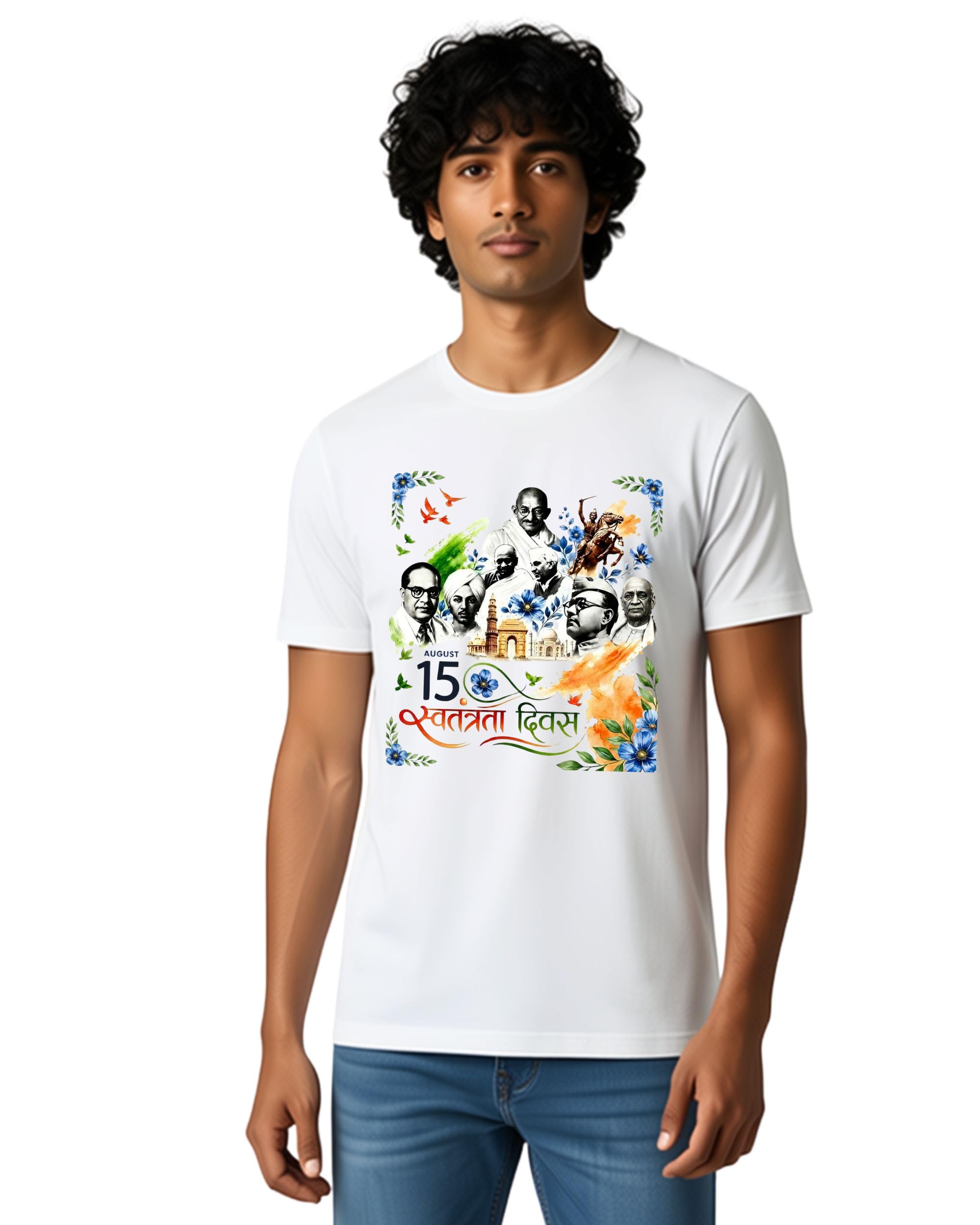 Independence Day Graphic Printed T-Shirt, White, 15 August Swatantrata Diwas Theme, Round Neck-picture-25