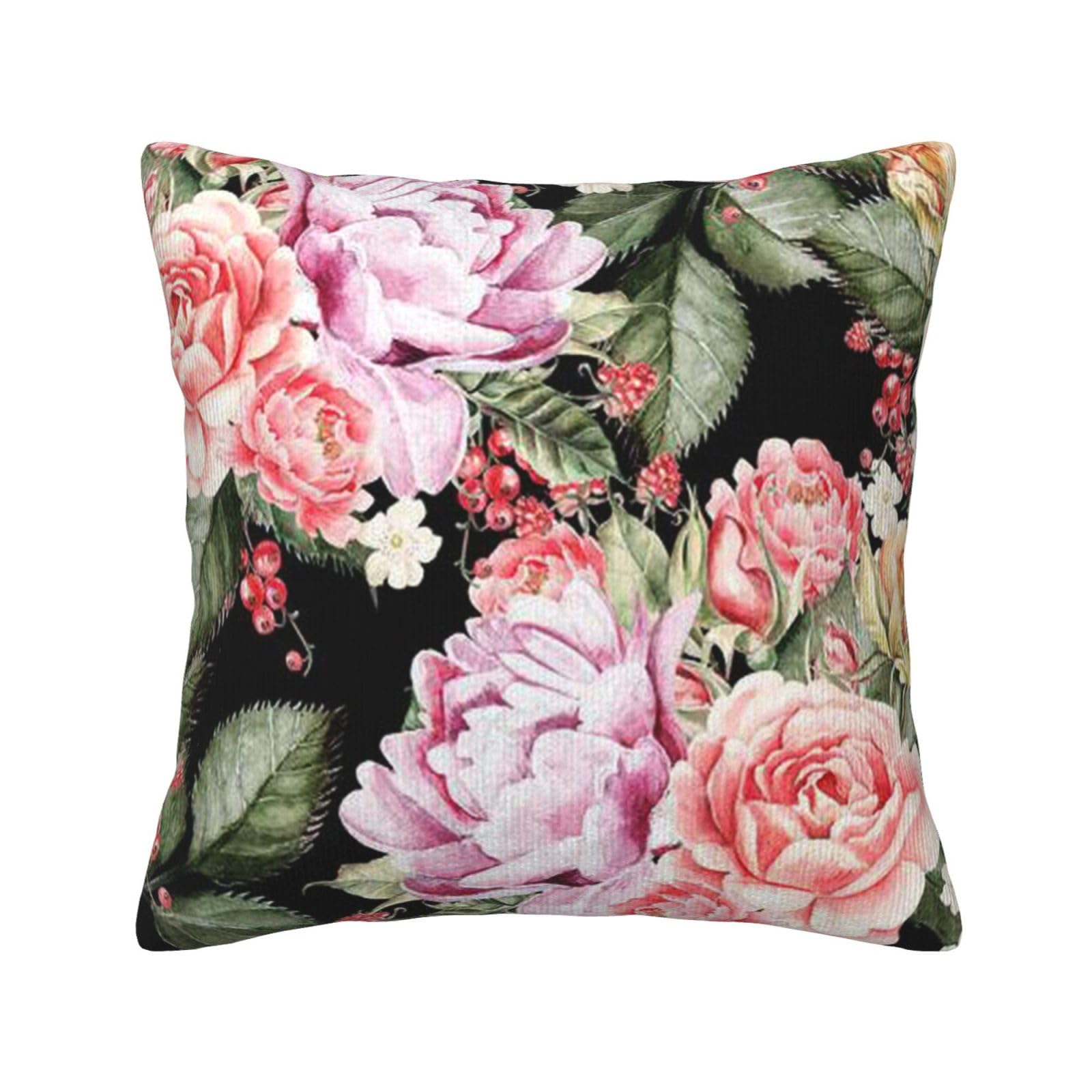 Housse de coussin en velours côtelé imprimé pivoine rose pour canapé