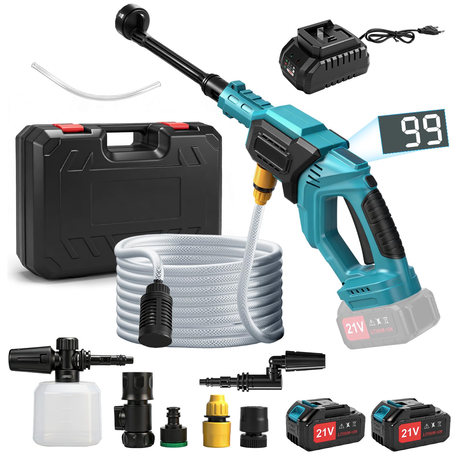 Hidrolimpiadora Bateria, Hidrolimpiadora de Bateria con 2×40000 mAh Baterías, Boquilla 6 en 1 y Manguera 5m, Portátil Pistola de Agua a Presión para Limpiar Coche, Terraza, Jardín