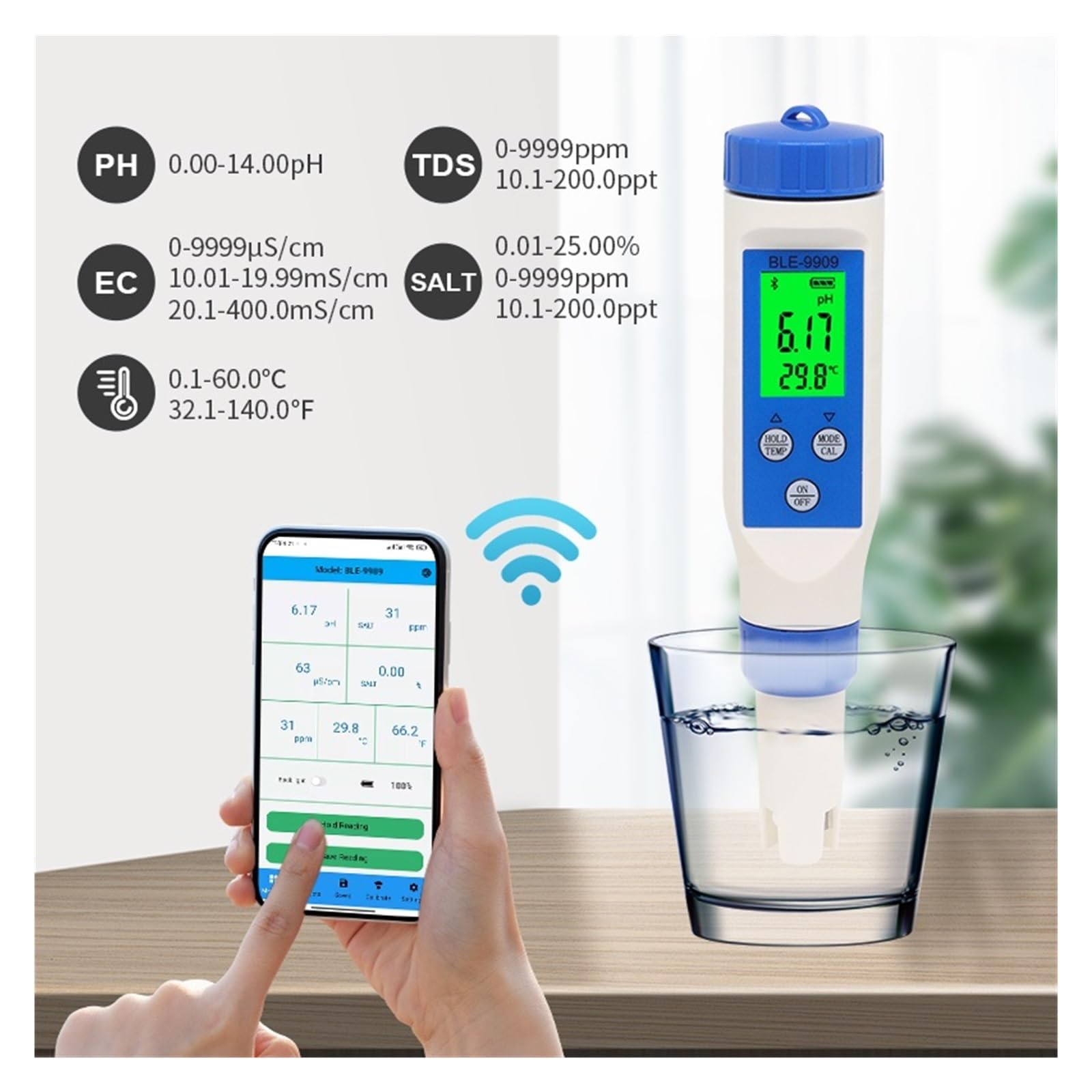 Medidor Agua 3/4/5/7 En 1 Medidor De PH Bluetooth TDS/EC/ORP/salinidad/SG/Herramienta Temperatura Monitor Calidad del Agua Digital Probador For Acuario Multiusos Preciso Fácil(BLE-9909)