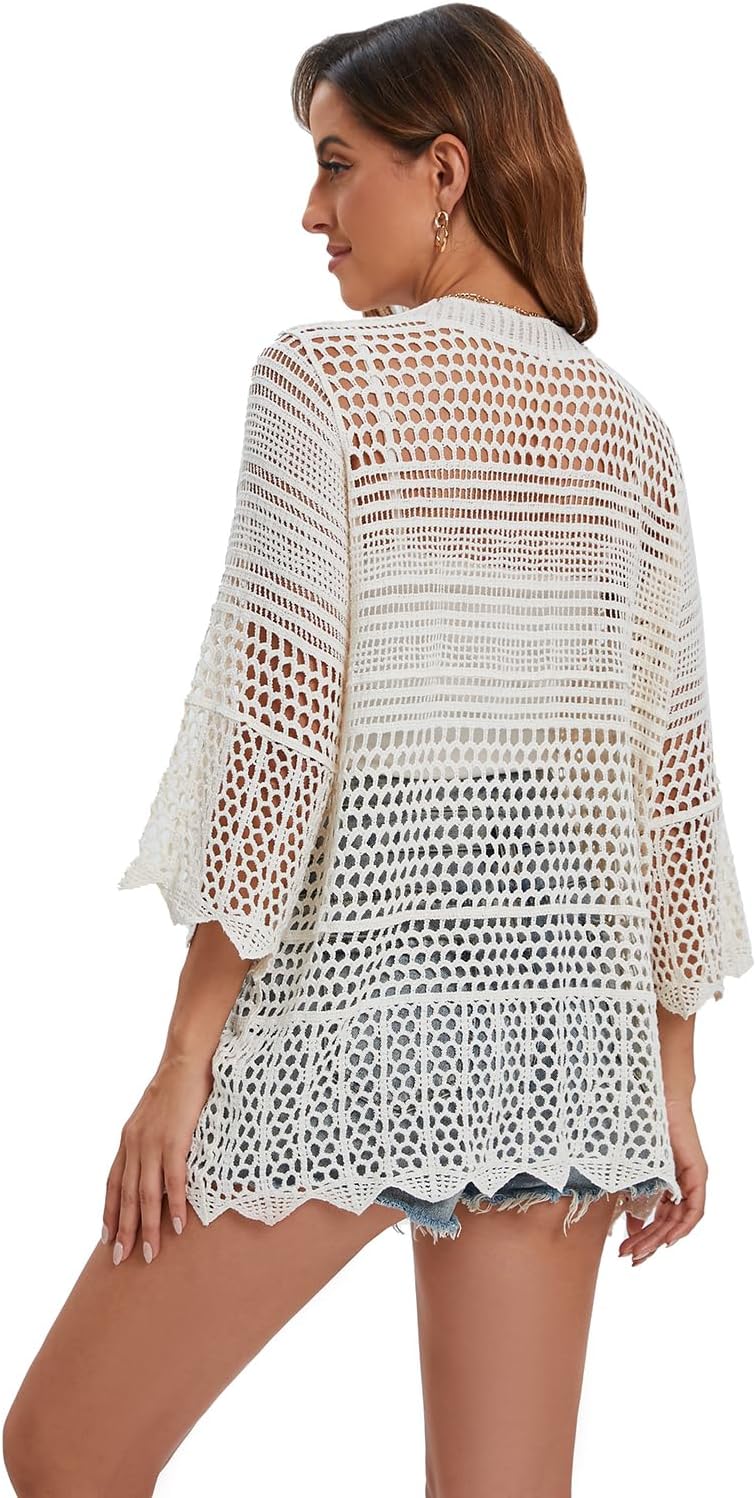 Crochet Cardigan for Women 3/4 Sleeve Open Front Lightweight Lace Boho Cover Up - Image 2