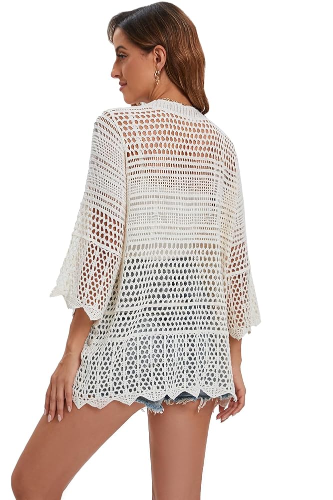 トップス and wander 22SS Covered Rip Cardigan-4 REDHOTYPE Women's 3/4 Sleeve Cardigan Open Front Cropped