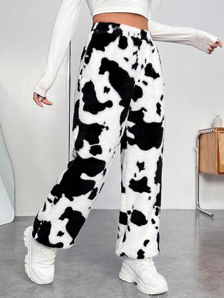 WDIRARA Women's Cow Print Elastic Casual Straight Leg Teddy