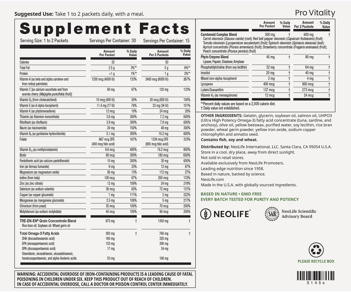 NeoLife Pro Vitality - Daily Nutrition for Cellular Energy Multivitamin for Women & Men, Omega-III Salmon Oil, Carotenoid Complex & 21 Essential Vitamins, Green, 30 Packets - Image 5