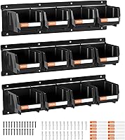 VEVOR 12 Wall Mounted Stackable Storage Bins with 3 Metal Rails - Durable Plastic Organizer for Screws, Nuts, Bolts, Tools in Garage, Workshop, Black