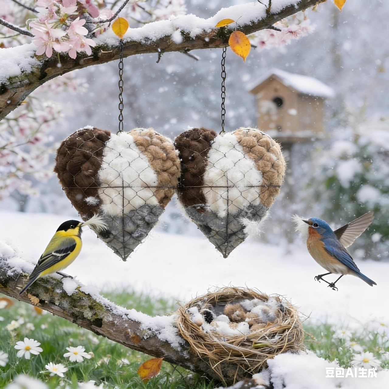 Handmade Alpaca Fiber Bird Nesting Heart, Refillable Hummingbird Nest Holder with Natural Nesting Material, Heart Shape Bird Haven for Garden Yard, Winter Gift for Wild Bird Lovers (2Set)