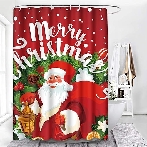 Miniatura 7 de Cortina de ducha con texto en inglés "Merry Christmas", con diseño de Papá Noel y bayas de acebo sobre fondo rojo, tela de poliéster impermeable, 72