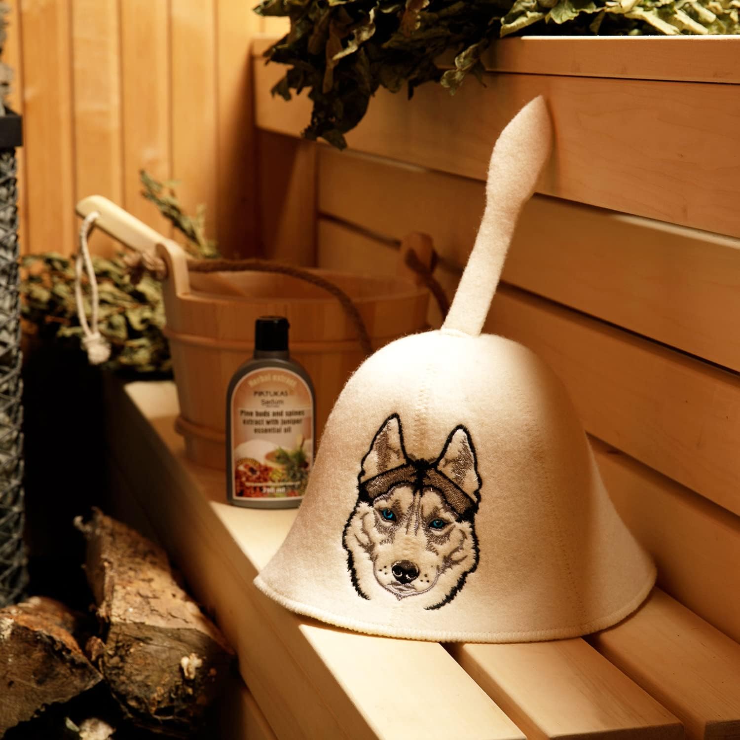 Husky Hat, 100% Organic Wool Felt Sauna Cap, Banya Hat Sauna Hair Protector, Sauna Accessories Embroidered Hat, Russian Sauna Hat, Sauna Gifts for Men and Women, Sauna Room Accessory