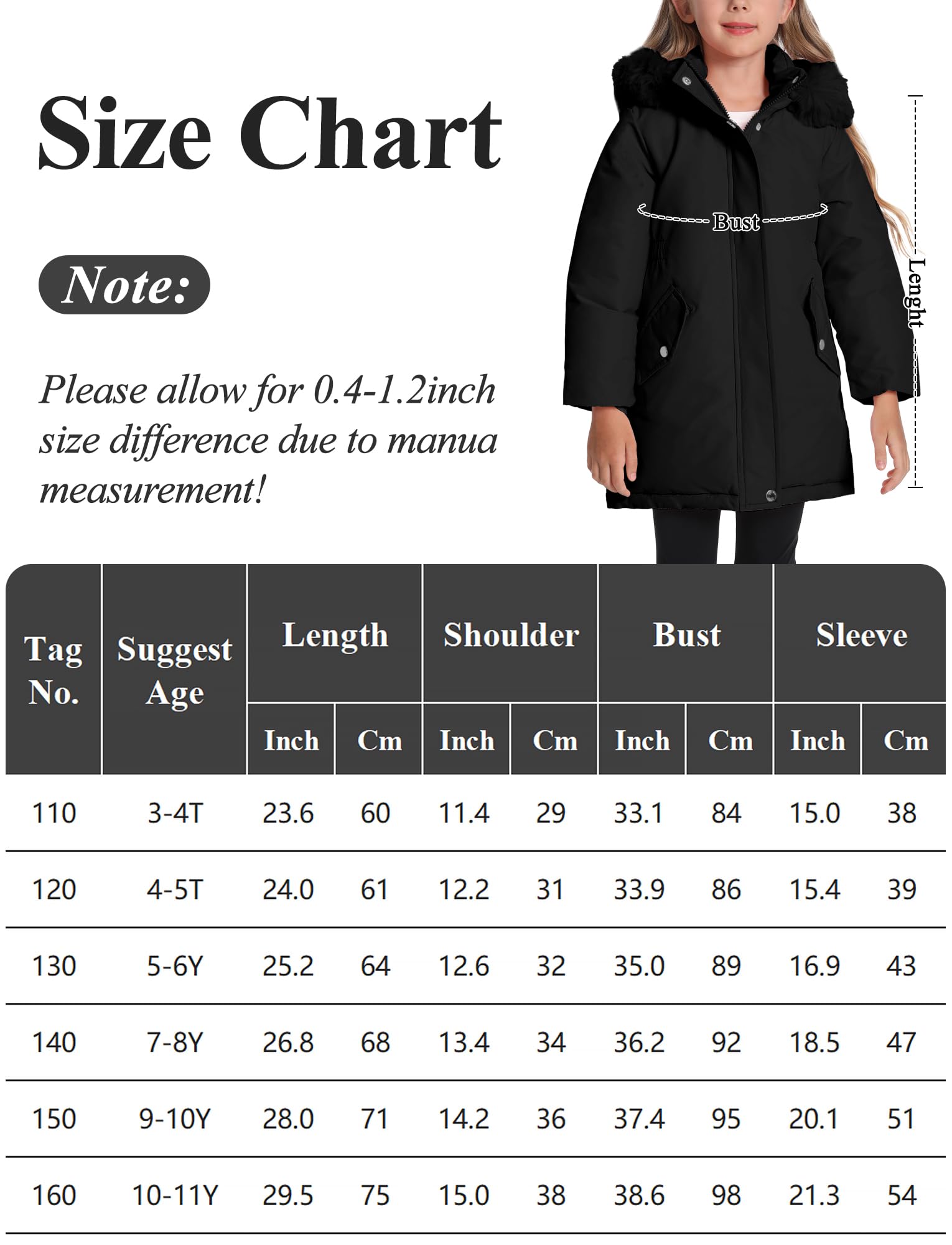 Manteaux d'Hiver Enfants Filles Vestes en Polaire Chaude Manteau à Capuche Coupe-Vent Doudoune de Neige Épaisse 3-11 Ans