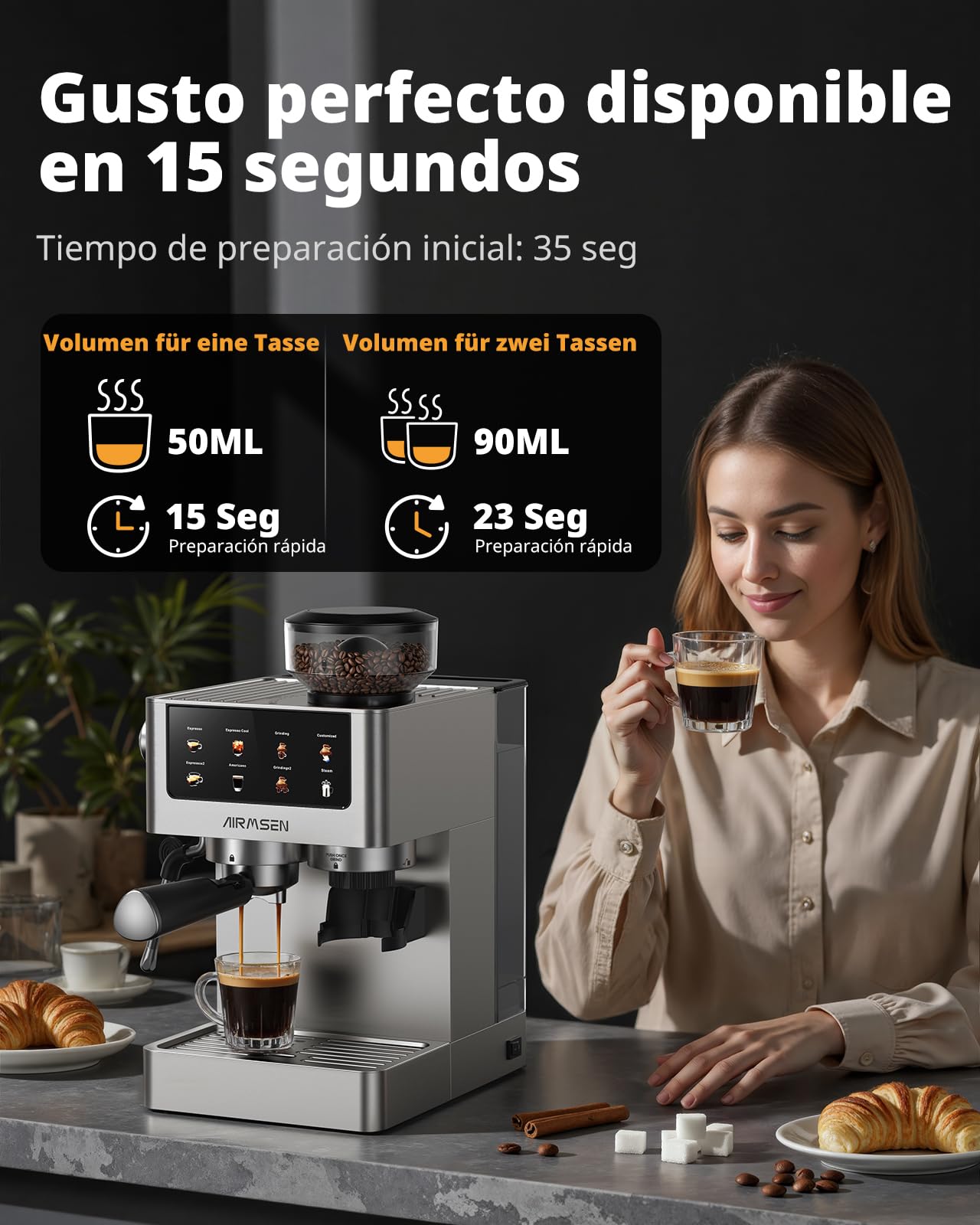 AIRMSEN 20 Bar Siebträgermaschine mit Kegelmahlwerk & Milchschäumer, 1.8L Wassertank, Edelstahl Espressomaschine Kaffeemaschine für Americano, Cappuccino und Latte