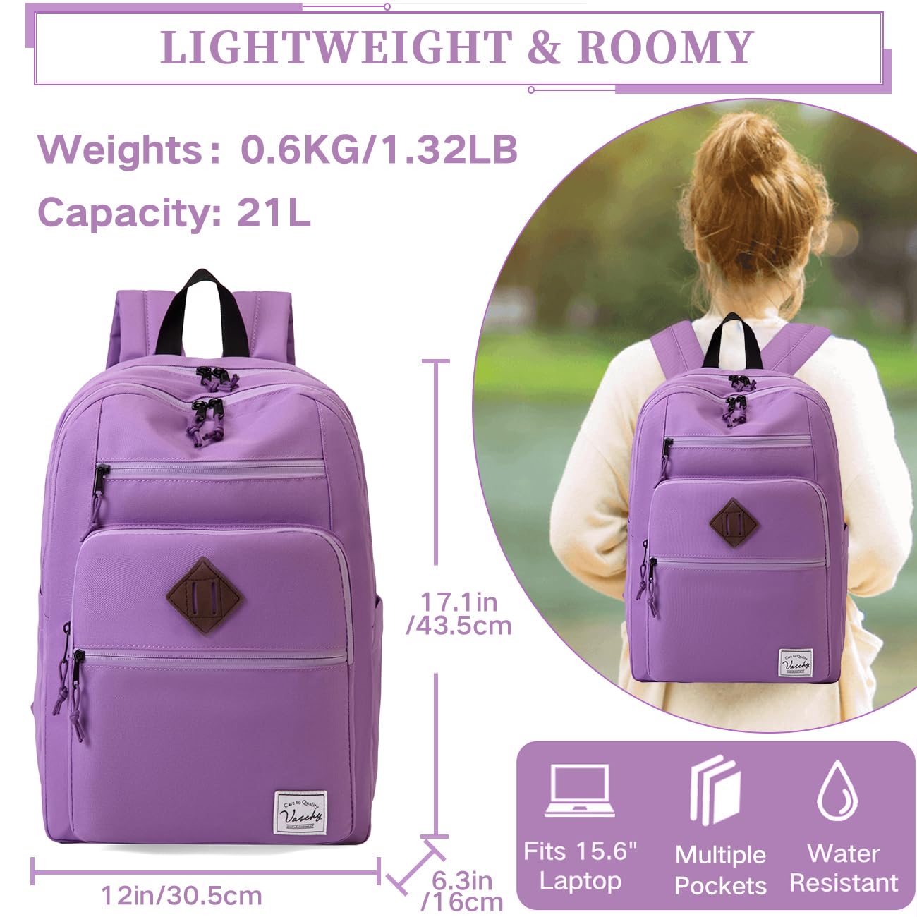 VASCHY Mochila Escolar 21L para Instituto Universidad Uso Casual Viaje