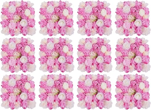 12PCS Artificial Flower Wall Background Silk Rose Mat 3D Flower Wall Panel for Wedding Backdrop Decor 15x15 Inch Photo Backdrop Floral Wall Dark Pink