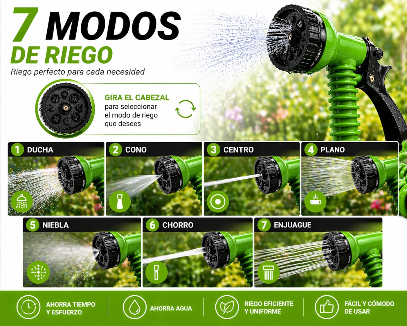 Manguera Extensible Jardín 10m con Pistola 7 Modos – Antienredos, Ligera y Compacta – Conectores Anti-Fugas – Ideal para Terraza, Balcón, Patio y Lavado de Coche — view 7