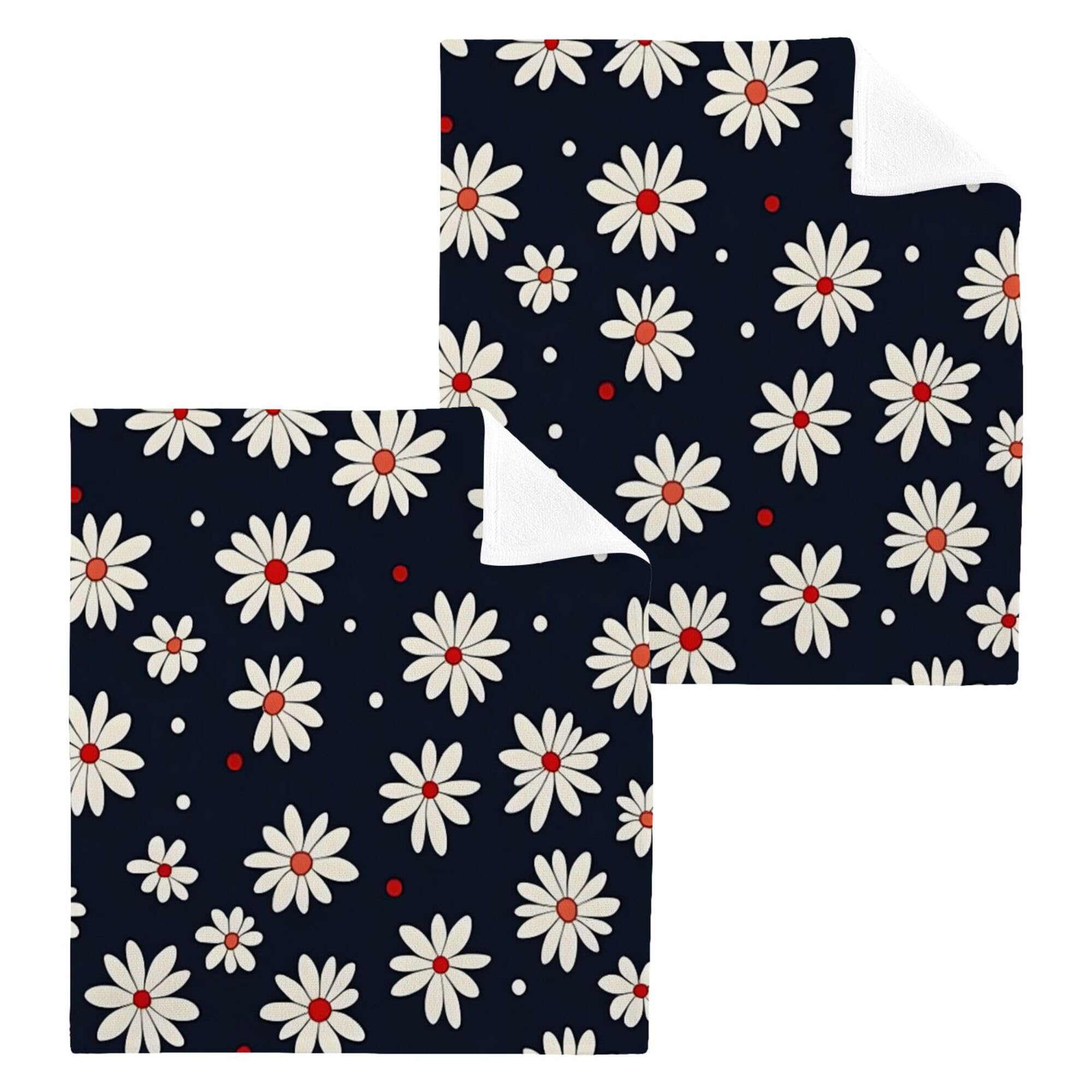 xigua White Daisies Washcloths Set of 2-12 X 12 Inch, Fast Drying Wash Cloth for Bathroom, Hotel, Spa, Kitchen - Multi-Purpose Fingertip Towels and