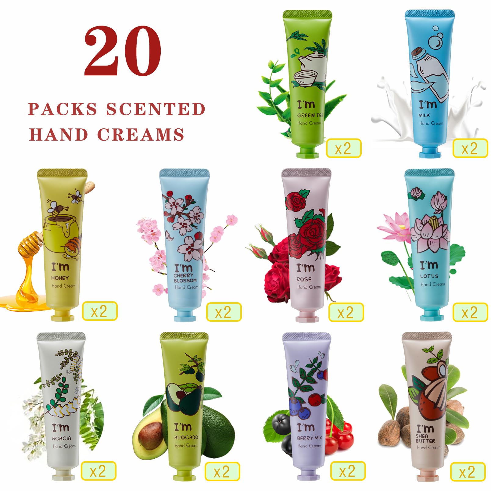 Paquete de 20 cremas de manos para regalo, loción de manos para manos secas y agrietadas, manos de trabajo, cuerpo, crema de manos de tamaño de viaje, loción hidratante para manos, regalo de 2