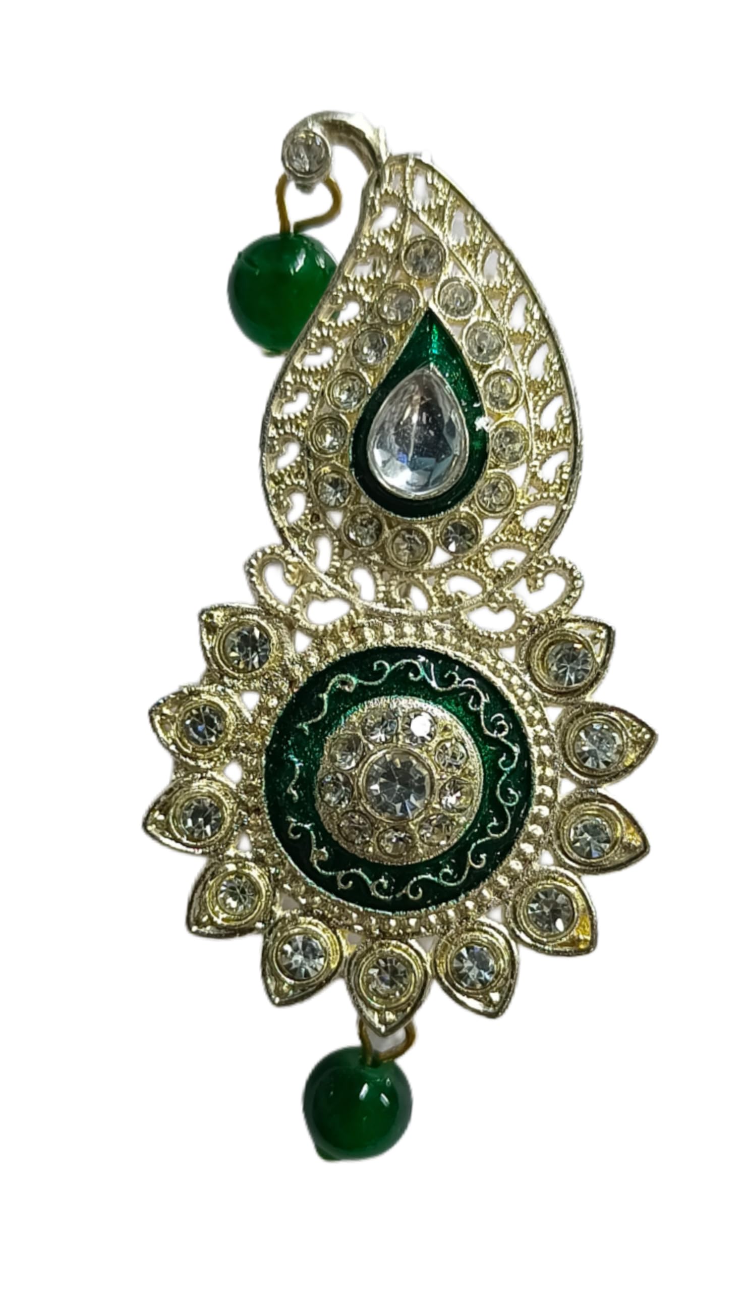 Traditional Kundan kalangi brooch with Green Enamel and Beads-picture-18