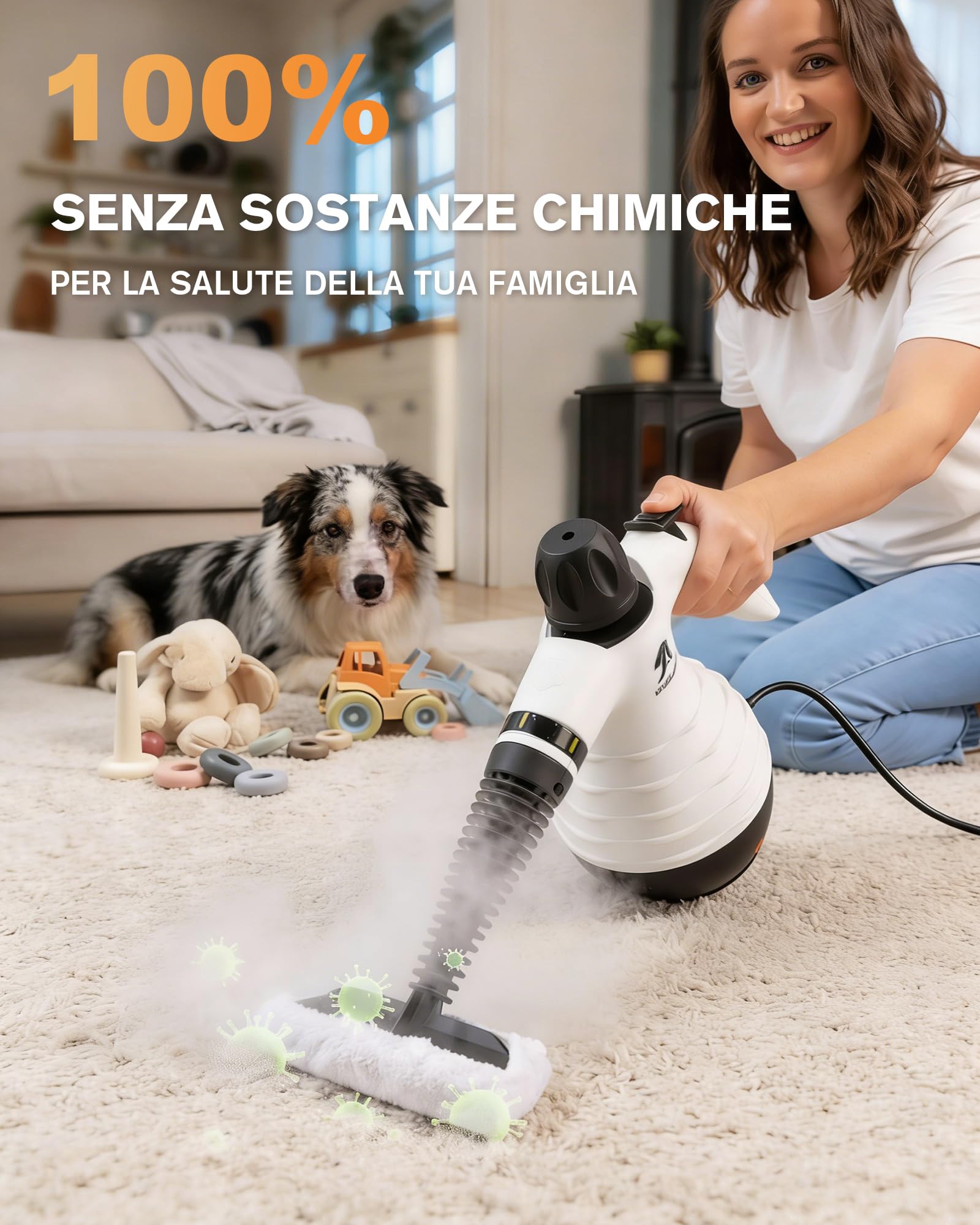 MLMLANT Pulitore a vapore portatile multifunzione con blocco di sicurezza e kit accessori da 10 pezzi, ideale per tappeti, divani, mobili imbottiti, materassi, sedili auto e altro ancora