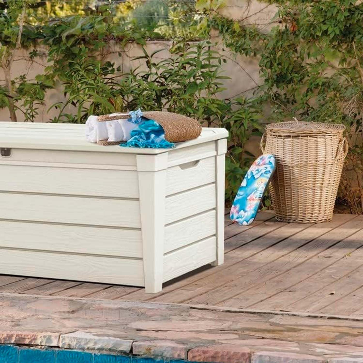 Avilia Sitzbank für den Außenbereich Creme – Doppelfunktion Stauraum und Sitz für 2 Personen – ideal für Garten und Terrasse – 454 l – aus wetterfestem Harz, Cremefarben