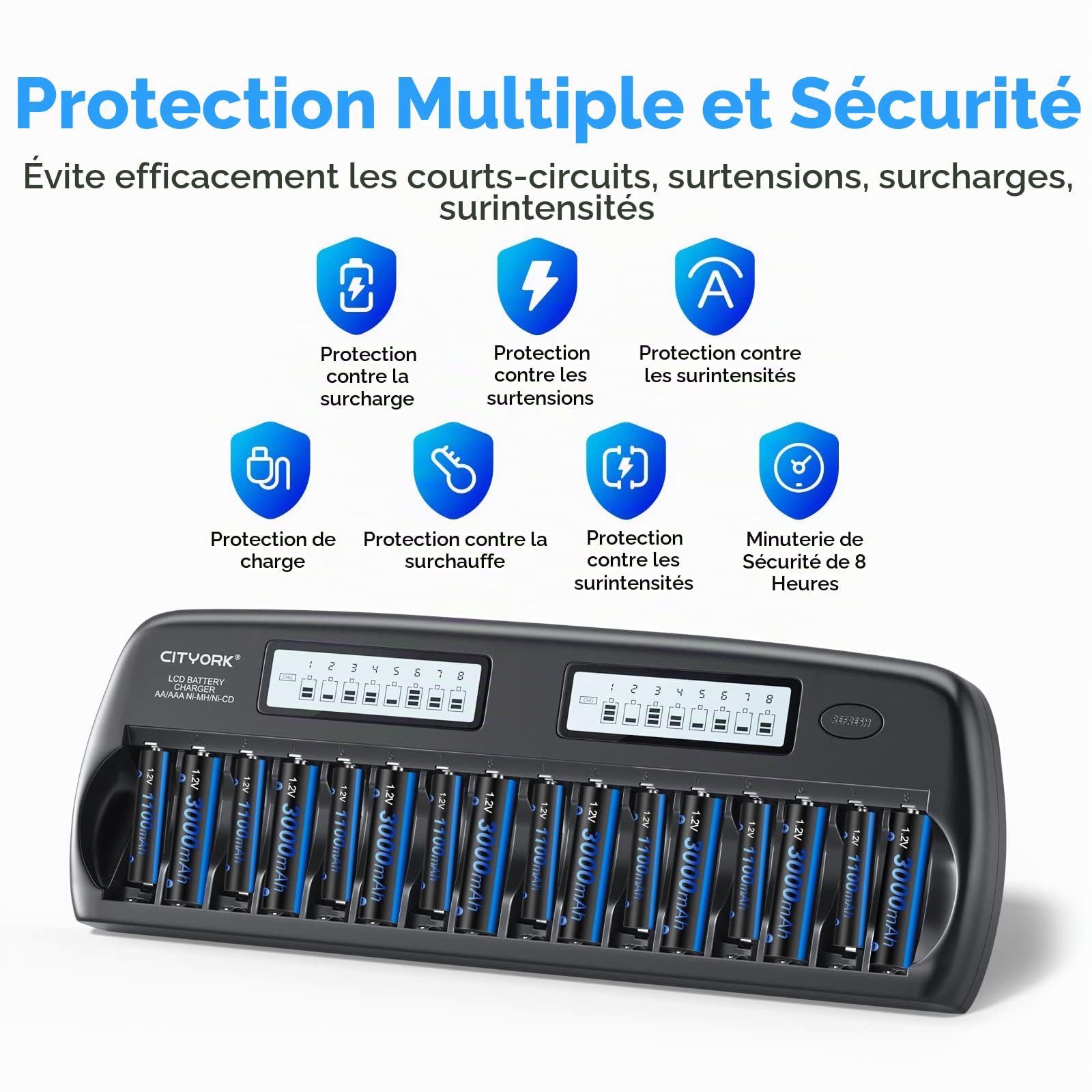 Chargeur de Batterie Intelligent LCD AA/AAA PALO 16 Baies avec 8 Piles Rechargeables AA 3000mAh et 8 Piles Rechargeables AAA 1100mAh