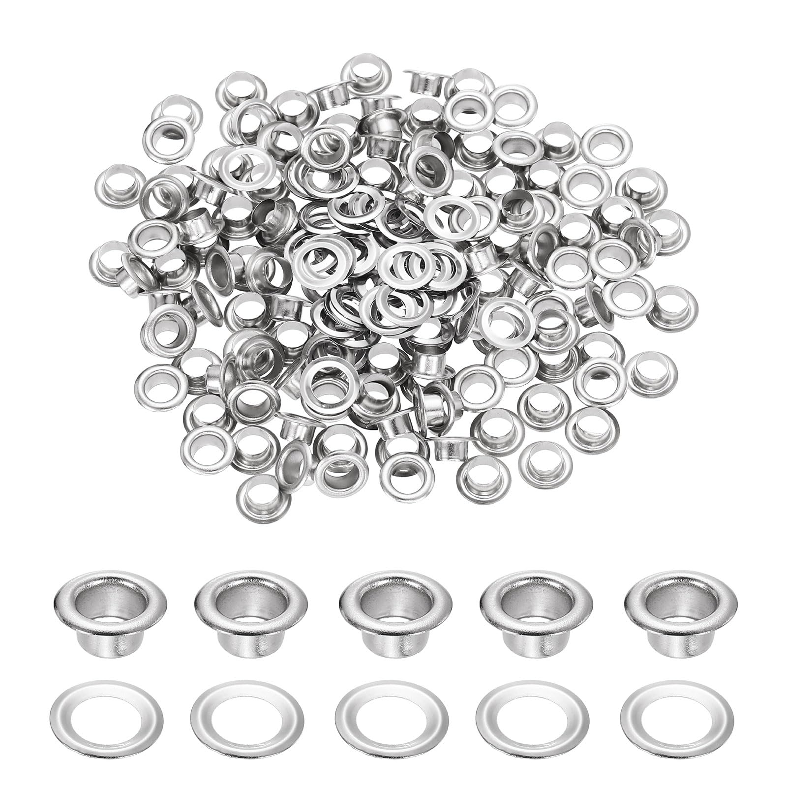 sourcing map 200 Sets Grommets Eyelets, 4.5mm Brass Self Backing Eyelets Metal Eyelet with Washers for Belts, Shoes, Clothes, Bead Cores, DIY Project, Silver Tone