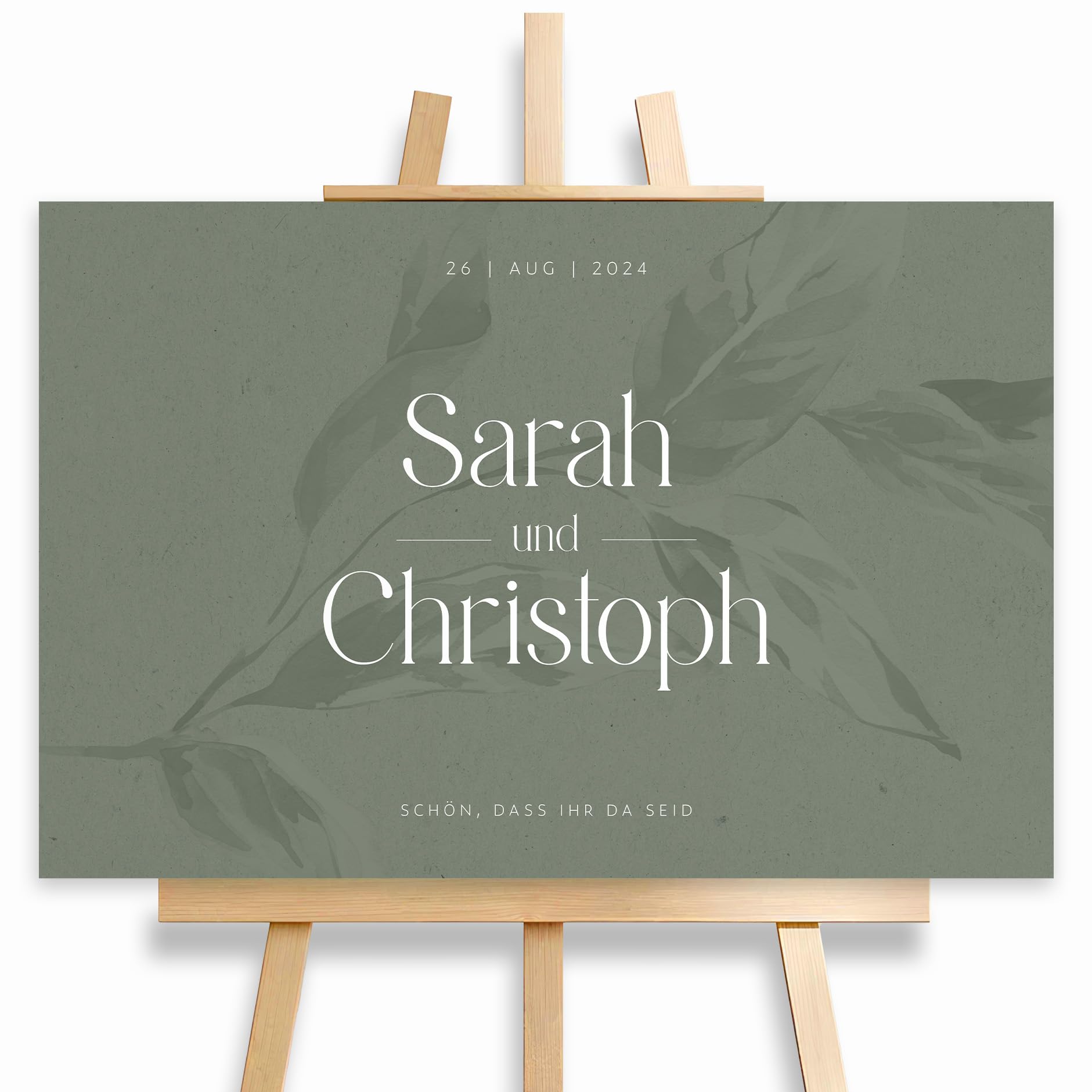 Willkommensschild Hochzeit Grün mit Datum und Namen, personalisierte Hochzeitsdeko, Willkommen Schild, Eukalyptus, Leinwand, 60x40 (HEI Print)