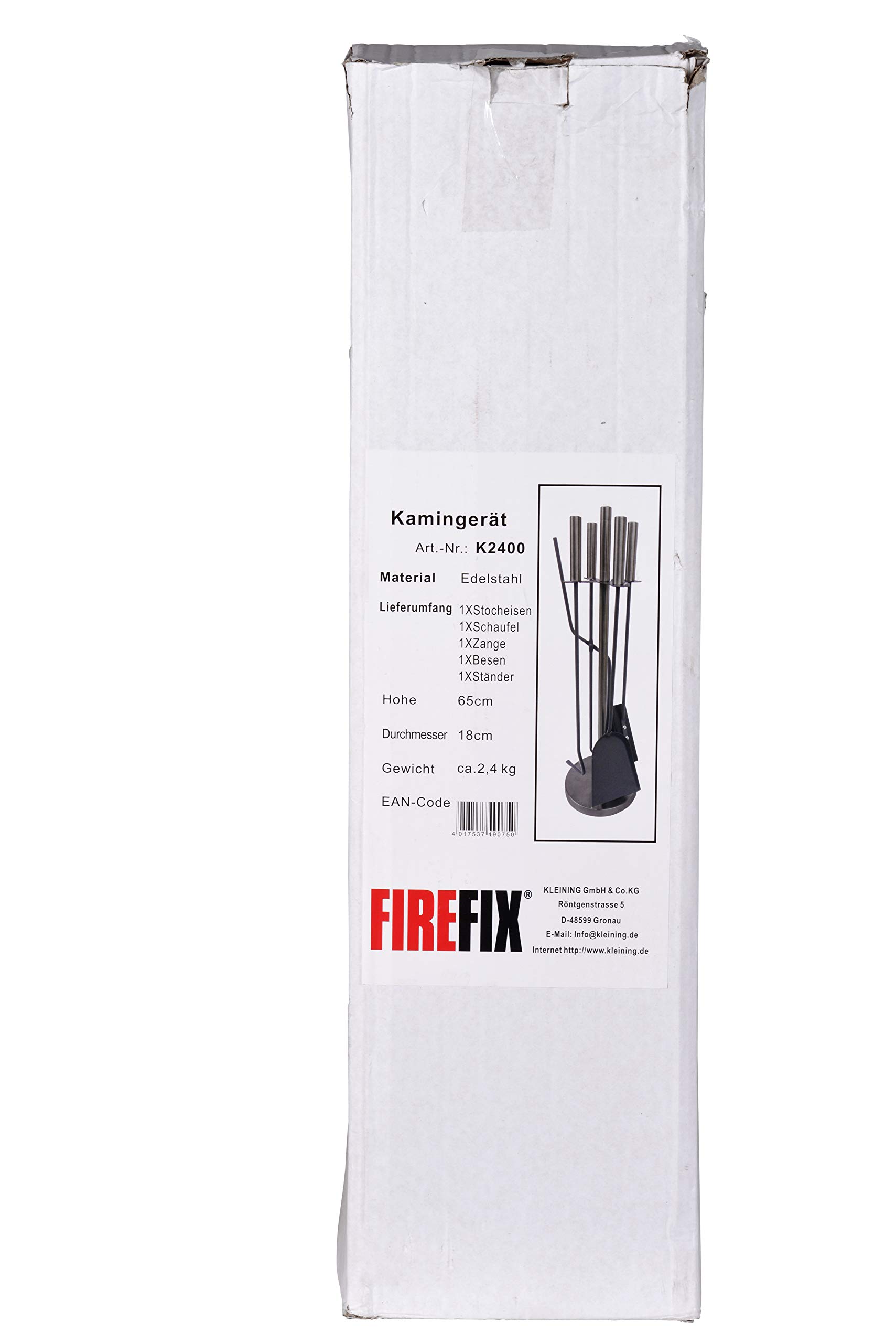 Attrezzi da camino, 5 pezzi, 180 x 180 x 640 mm (L x P x A), posate grigie laccate, supporto e manici in acciaio INOX