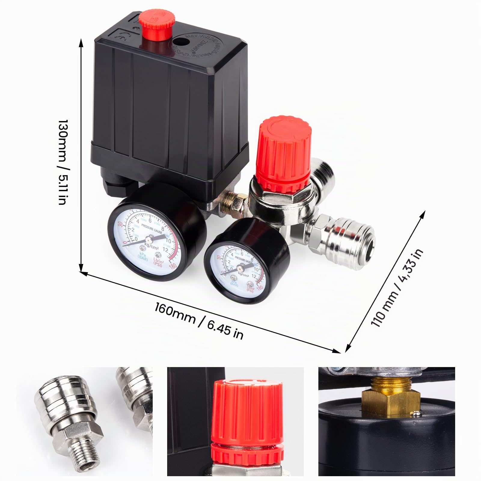 Pressostat compresseur 220 V, régulateur de pression avec bouton poussoir pour compresseur, 120 psi, 3000 l/min, 120 psi max.
