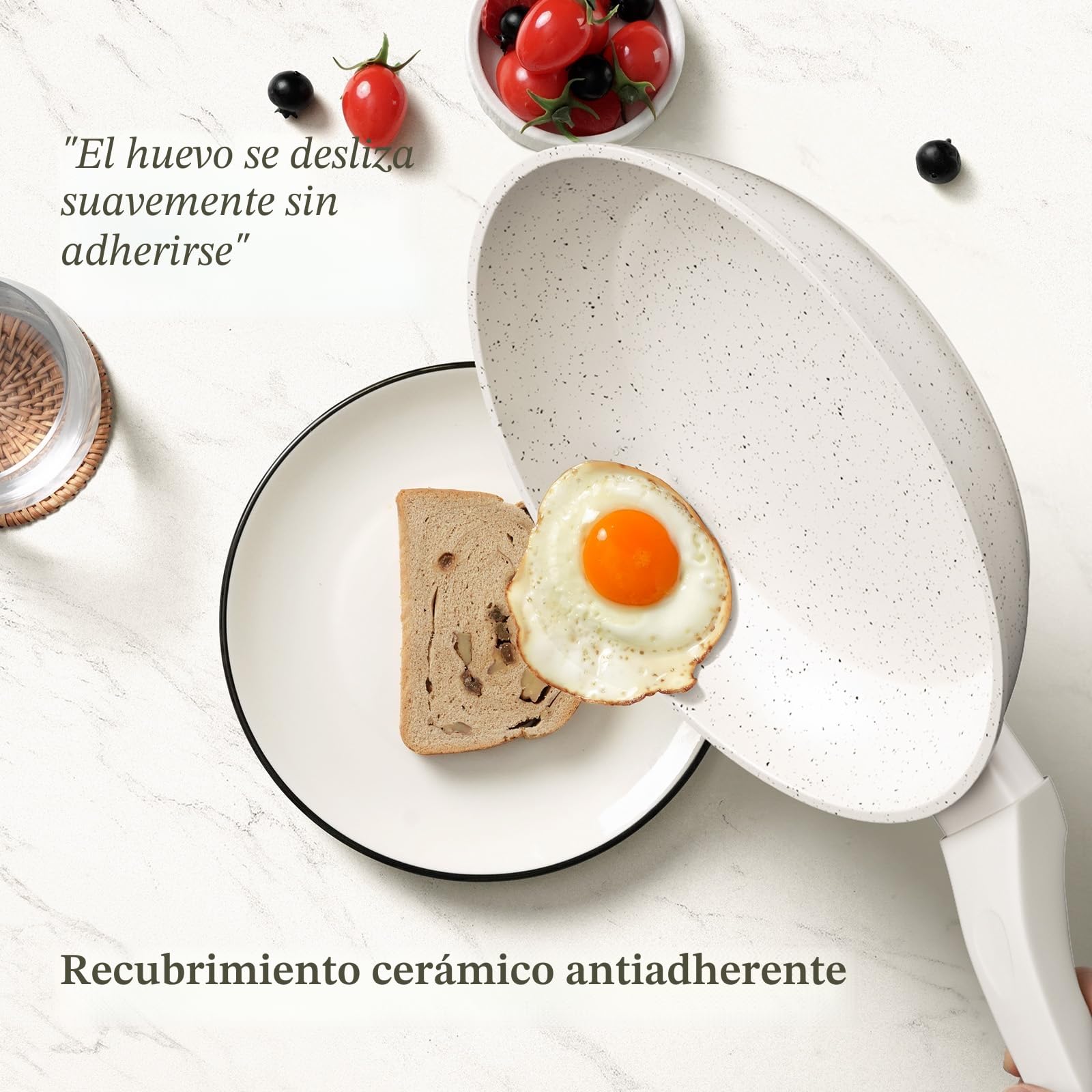 Innerwell Juego de 3 sartenes antiadherentes 20 + 24 + 28 cm, sartén de inducción con revestimiento antiadherente cerámico, sin PFOA, apto para horno y lavavajillas, Blanco