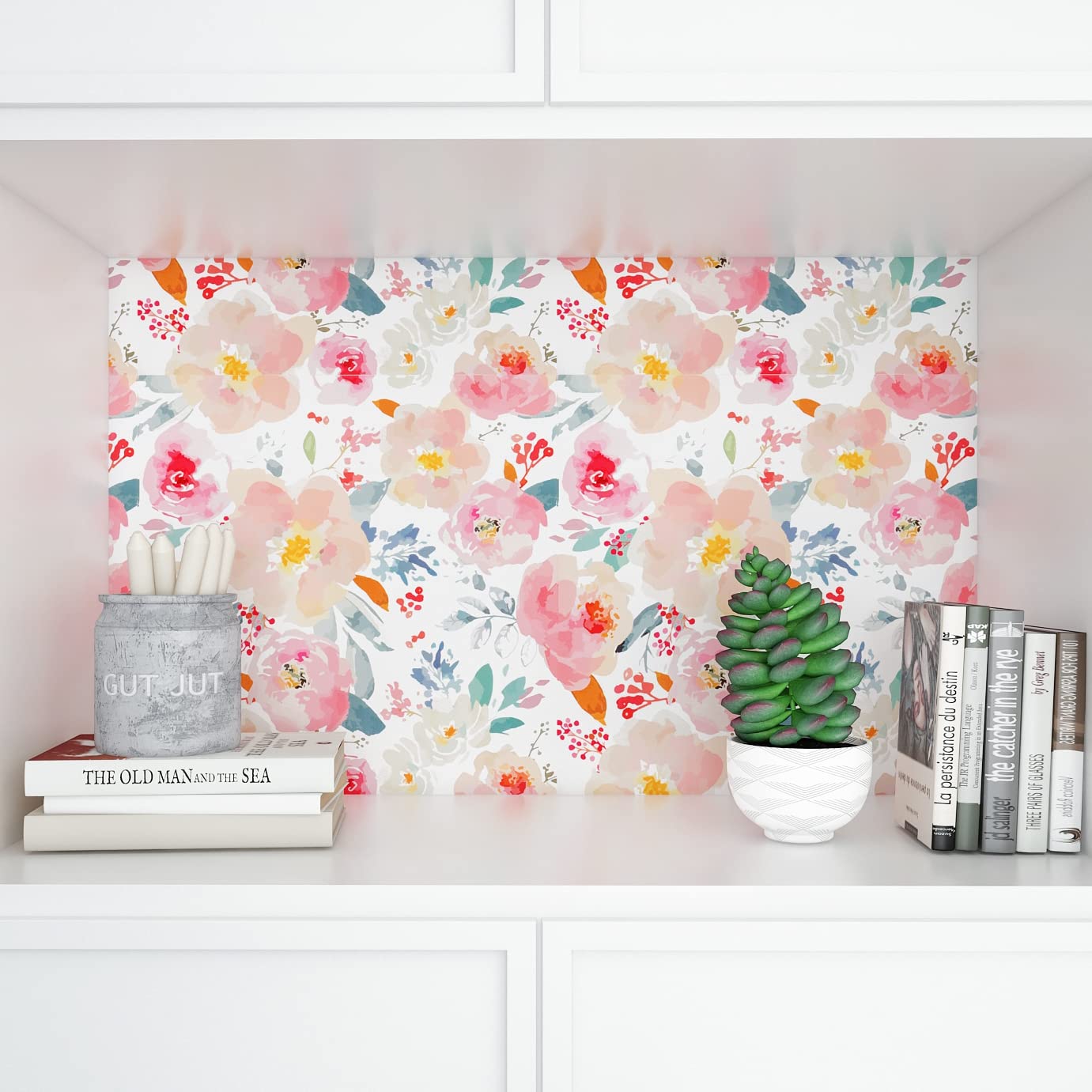 VEELIKE Watercolor Pink Floral Wallpaper Peony Flower Wallpaper Botanical Wall Art Deco Leaf Contact Paper Peel and Stick Girls Bedroom Furniture Stickers Patterned Sticky Back Plastic 44.5cm x 300cm - Image 3