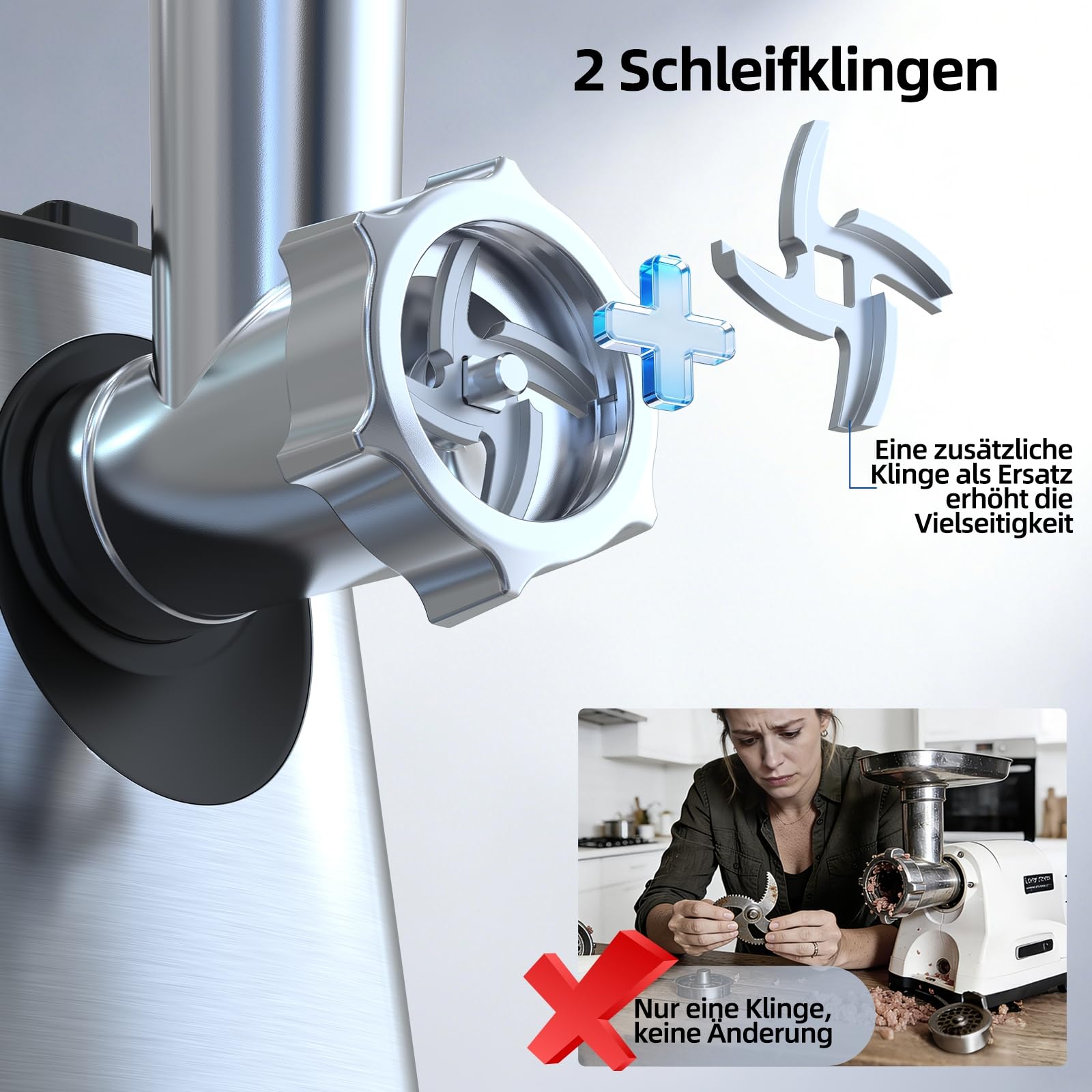 FIMEI Elektrischer Fleischwolf, 4-in-1 Fleischwolf mit 3 Lochscheiben, 2 Klingen, 3 Wurstfüller, Kubbe-Kit, Spritzgebäck, Anti-Verstopfungs-Rücklauf, Edelstahl & Rutschfeste Basis, Hausgebrauch