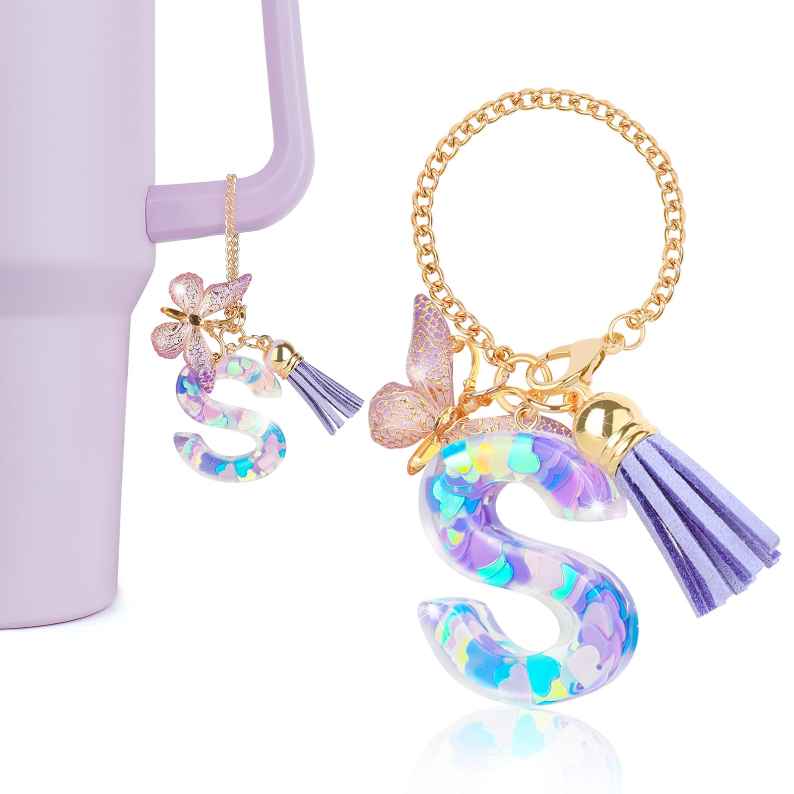 DECZHIYU Letter Charms for Stanley Cup with Handle, Initial S Charms Accessories for Stanley Tumbler, Purple Charm for Key Purse Handbags Backpacks,