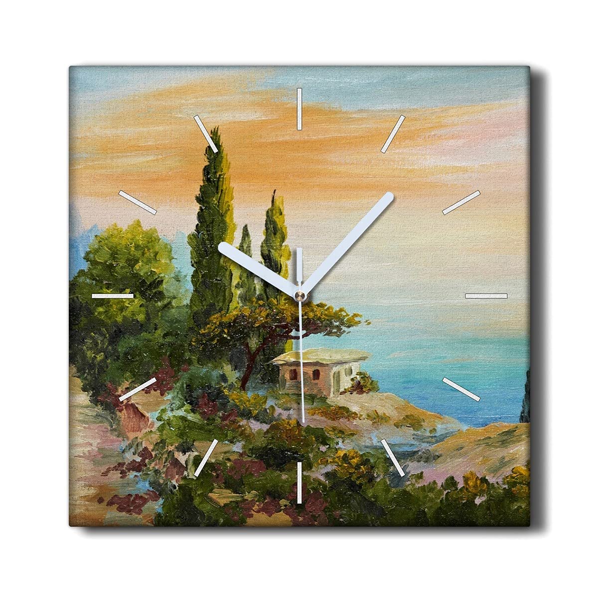 Horloge murale sans tic-tac Coloray 30x30cm, toile décoration murale salon coucher du soleil