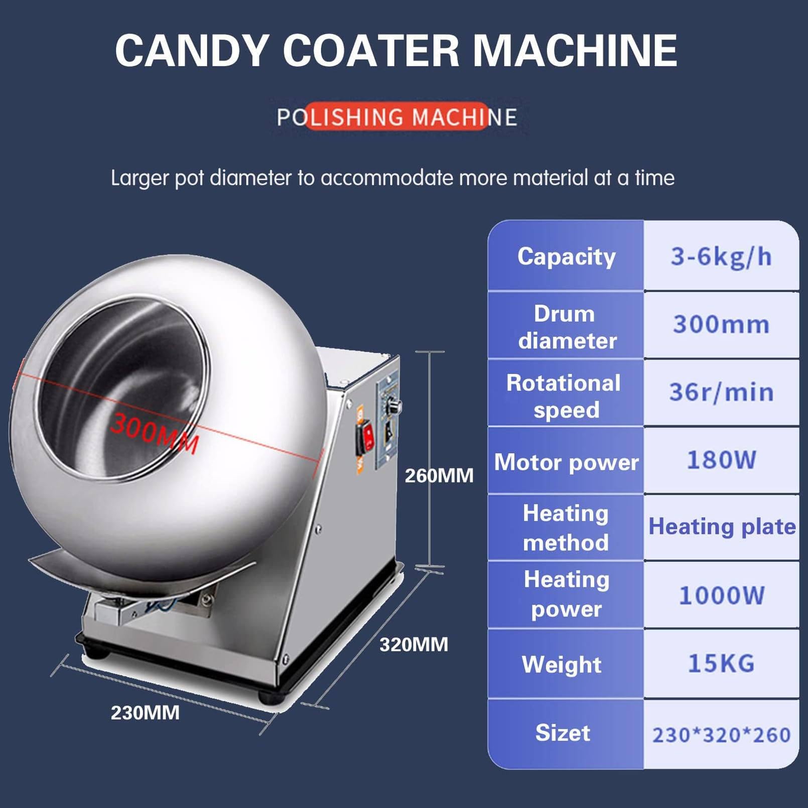 Macchina da tavolo per la copertura con zucchero, 280 W, per la copertura, la lucidatura e lasciugatura del cioccolato, 2-5 kg/h, in acciaio inox.