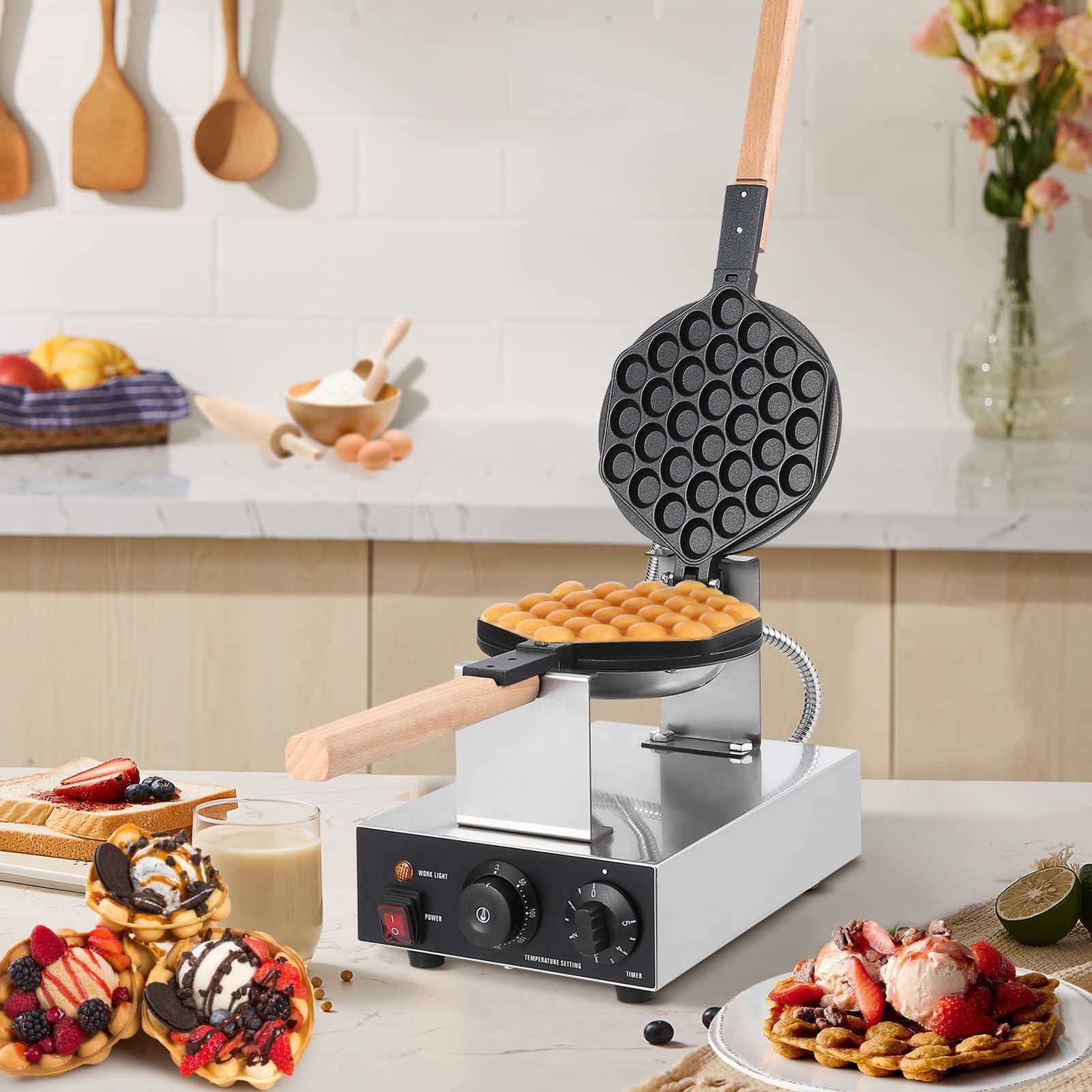 Bubble Waffle Maker de Estilo de Hong Kong 1400W/2800W,Sarten Gofres Girario Máquina de Gofres de Forma Huevo para Uso doméstico y Comercial,Single Head