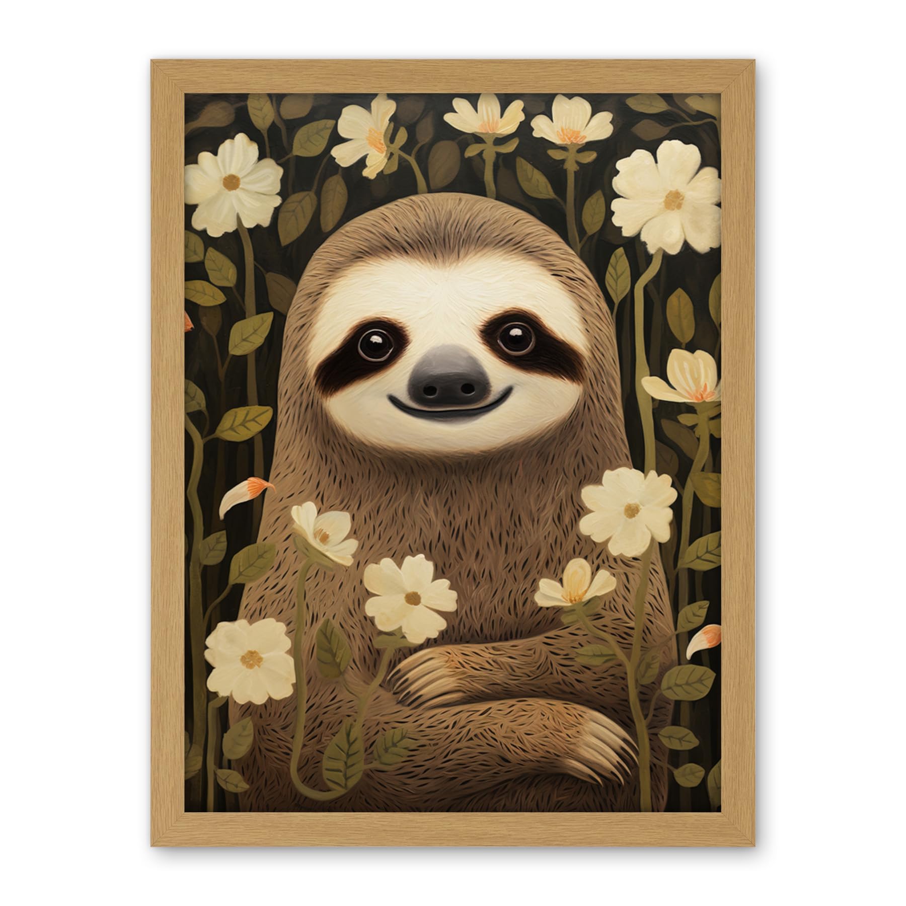 Artery8 Sloth with Jasmine and Anemone Flowers Elegant Artwork Framed Wall Art Print 18X24 Inch