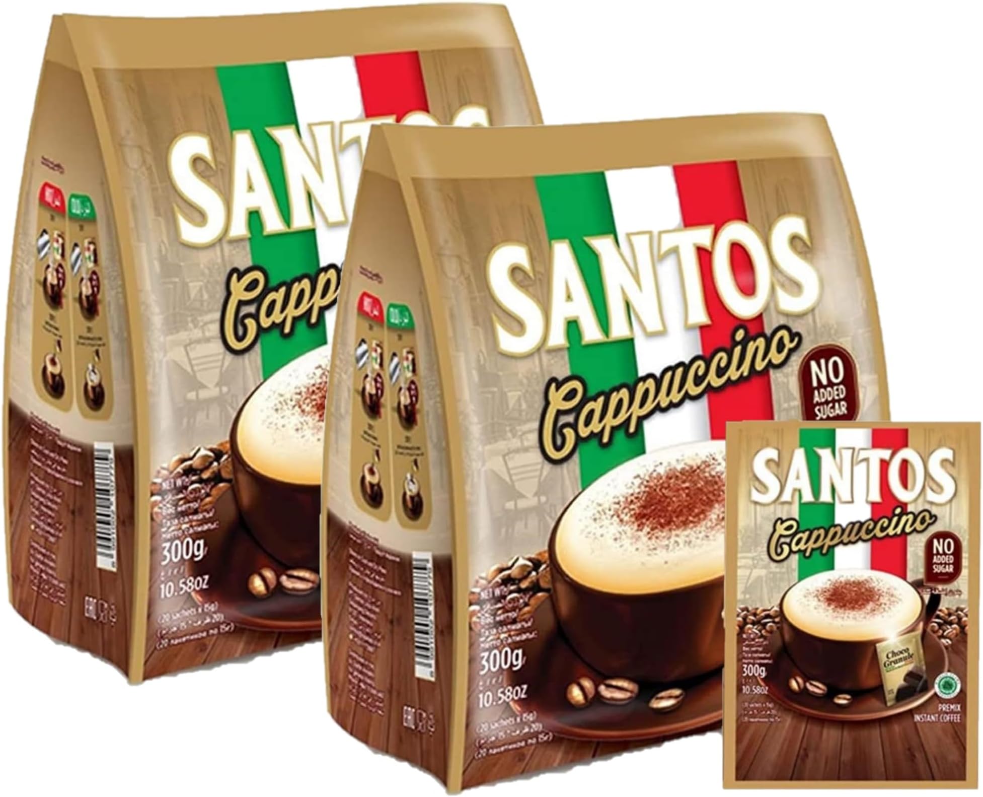 Santos Cappuccino - No Added Sugar - 2x 20 sachets @15g (Total 40 sachets) - Premix Instant Coffee - with Choco Granule