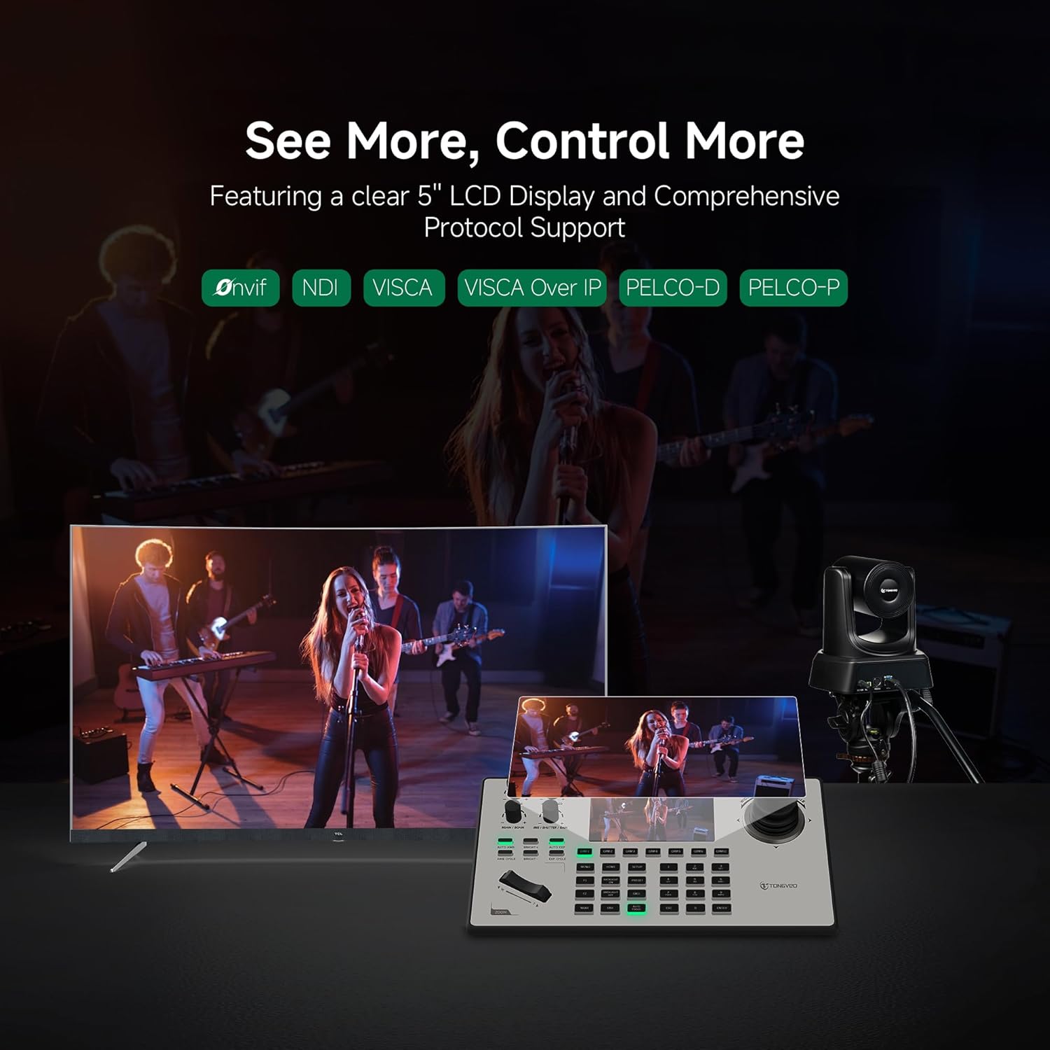 TONGVEO PTZ Camera Joystick Controller with 5'' LCD Screen Preview, 4D Joystick, Built-in NDI License, Support PoE, VISCA, Pelco-D/P for Church Worship, Live Events, Streaming & Broadcast [windows]