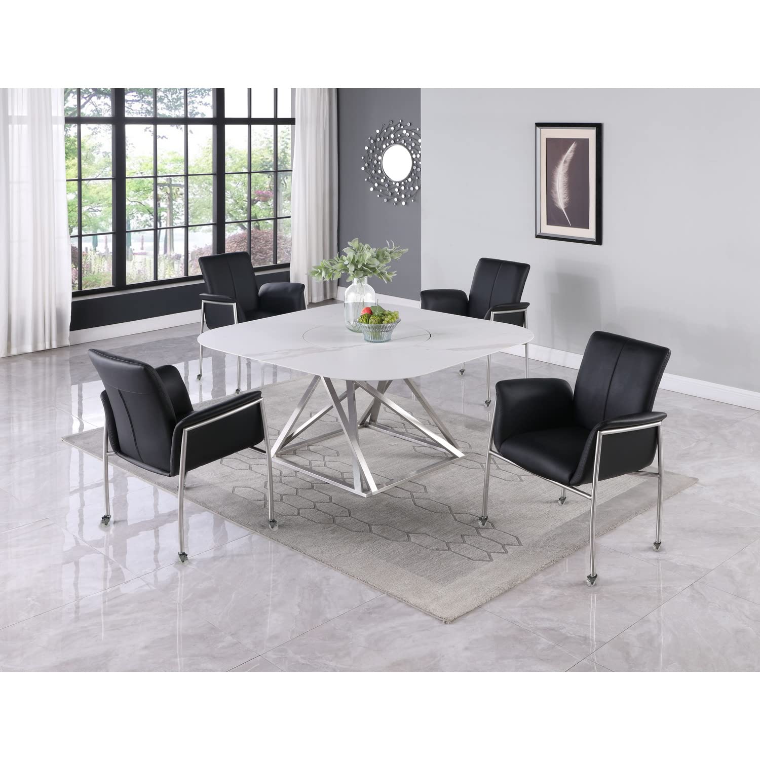 Ivory Contemporary Steel/PU Arm Chair with Casters in Black