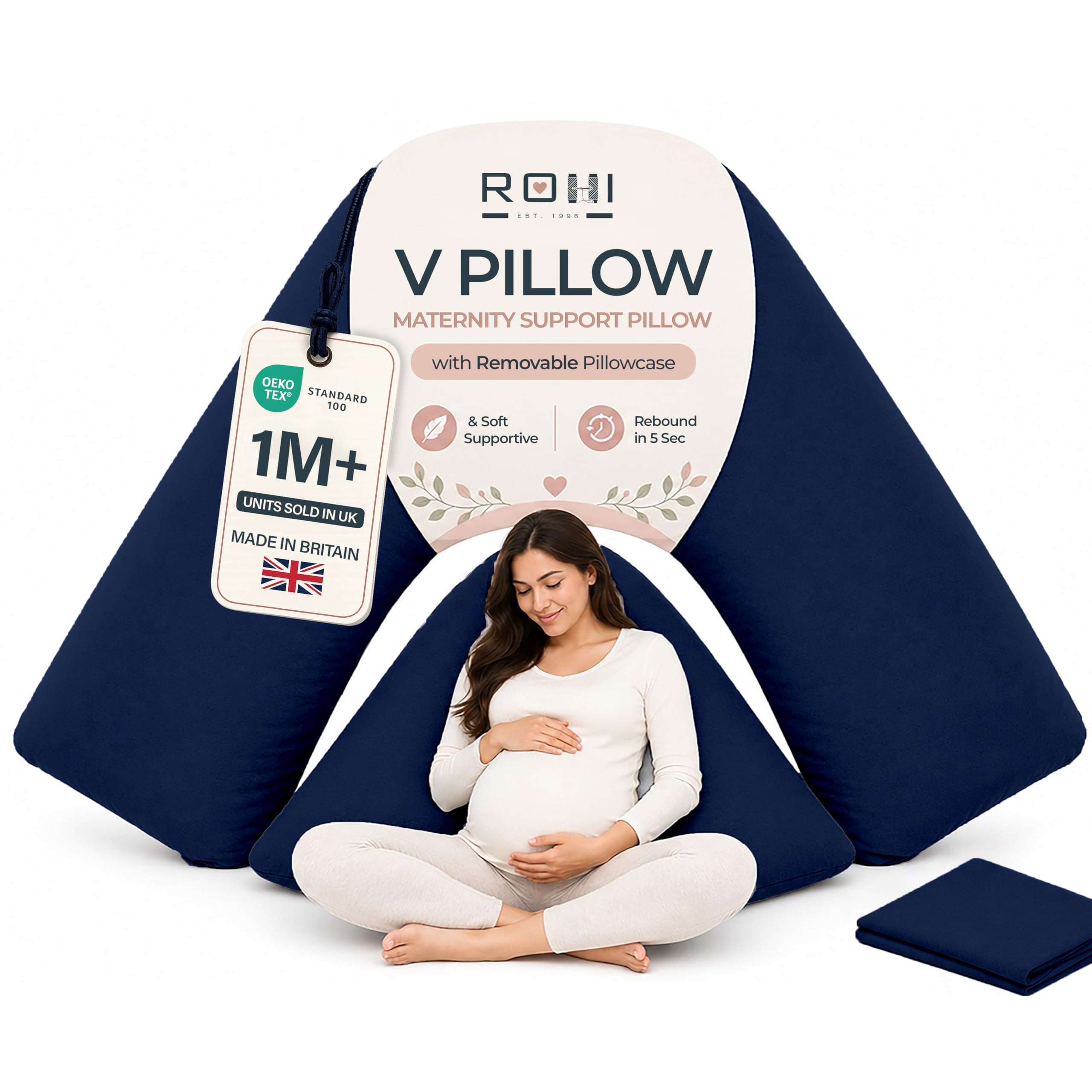 Rohi Navy Orthopaedic V Pillow With Pillowcase – Anti Allergy Triangle Pillows For Adults, Nursing, Maternity & Pregnancy – Extra Hollowfibre Cushioning To Supports Neck, Head & Back (Navy)