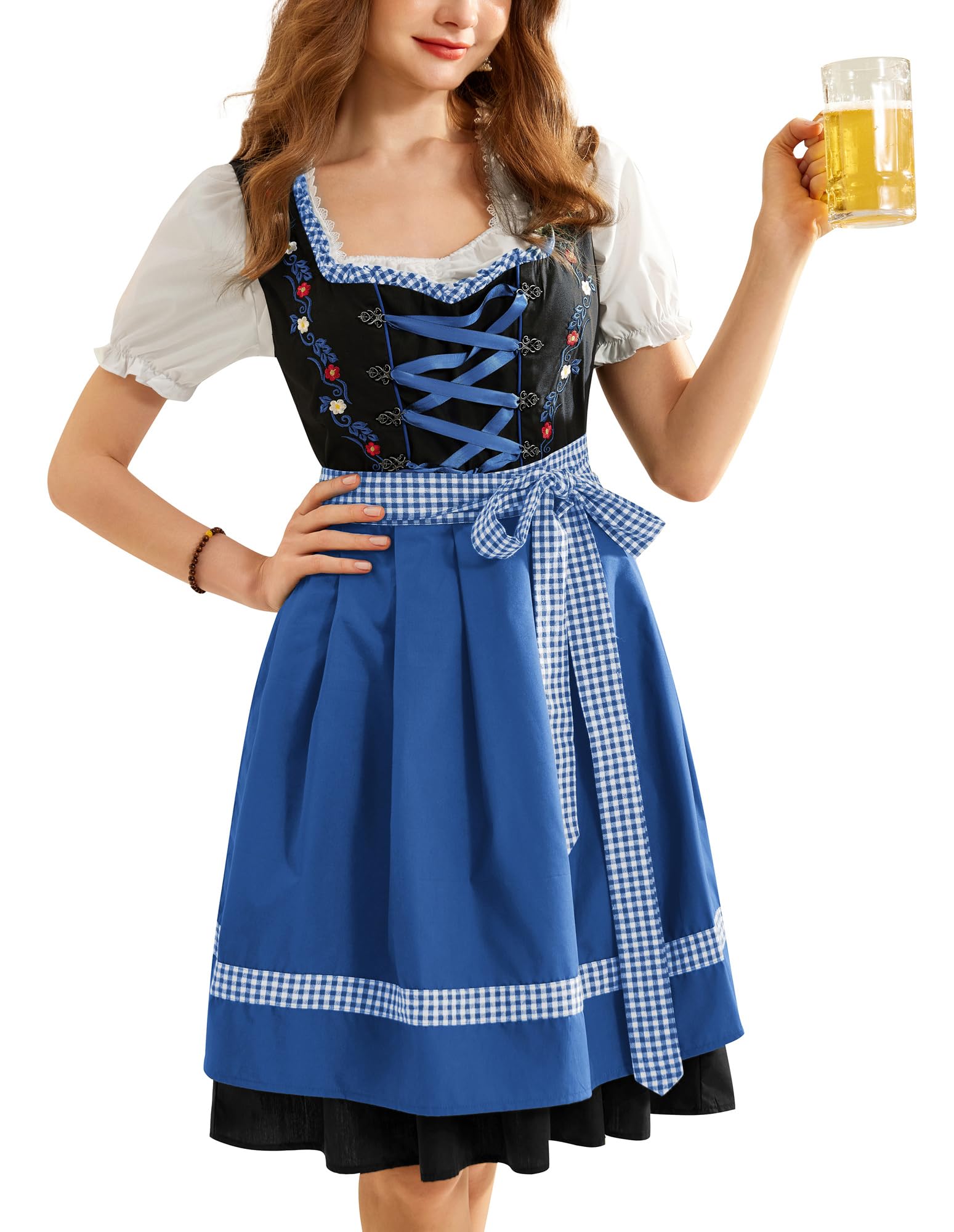 Scarlet Darkness Women's 3-Piece Dirndl Dress Embroidery Traditional Bavarian Oktoberfest Costume with Pockets, Royal Blue, L