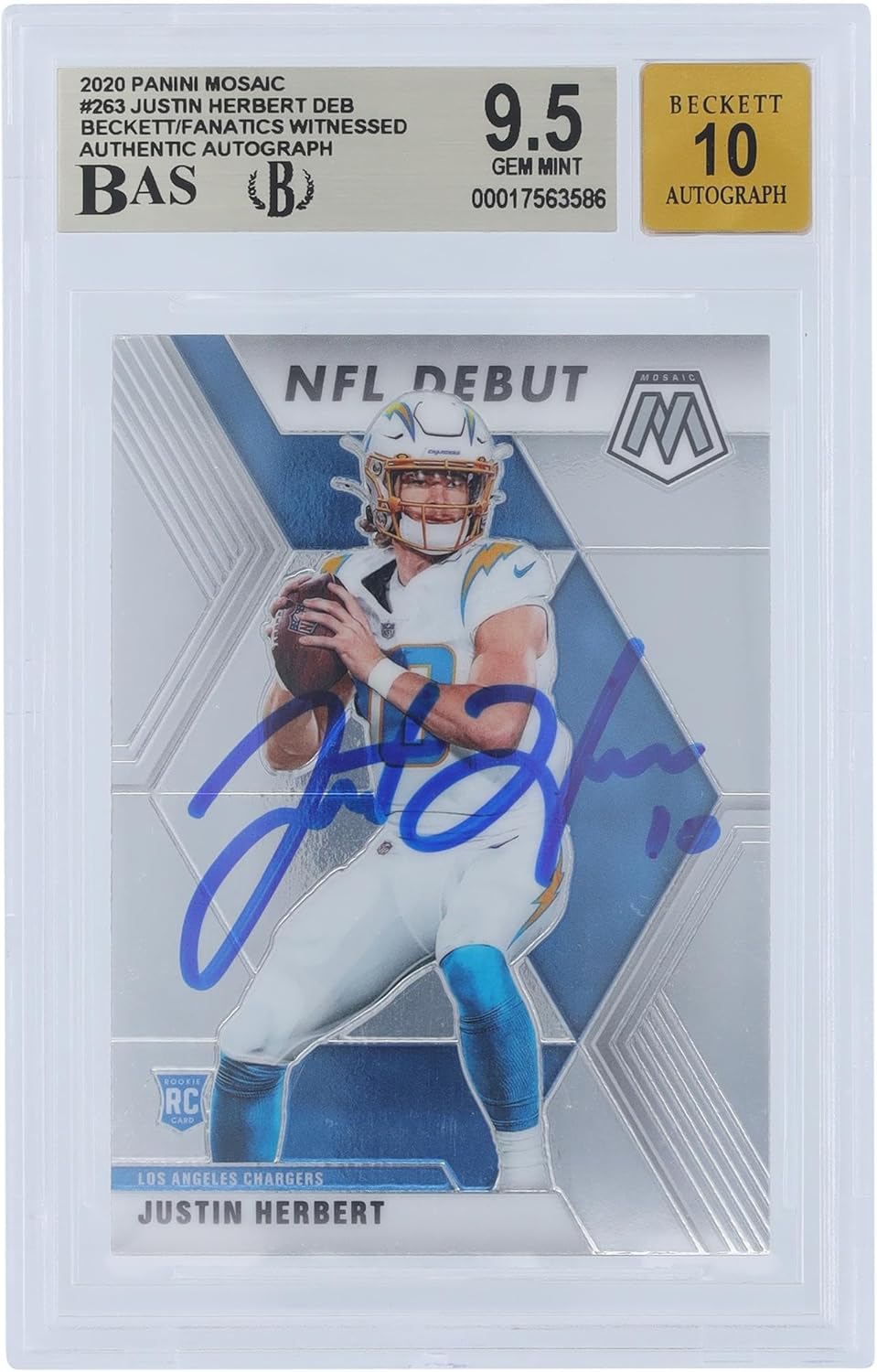 Justin Herbert Los Angeles Chargers Autographed 2020 Panini Mosaic NFL Debut #263 Beckett Fanatics Witnessed Authenticated 9.5/10 Rookie Card - Football Slabbed Autographed Rookie Cards