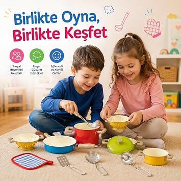 VARDEM 11 Parça Renkli Emaye Tencere Tava Seti, Çocuklar İçin Mutfak ve Evcilik Oyun Seti ATF-3815-7A