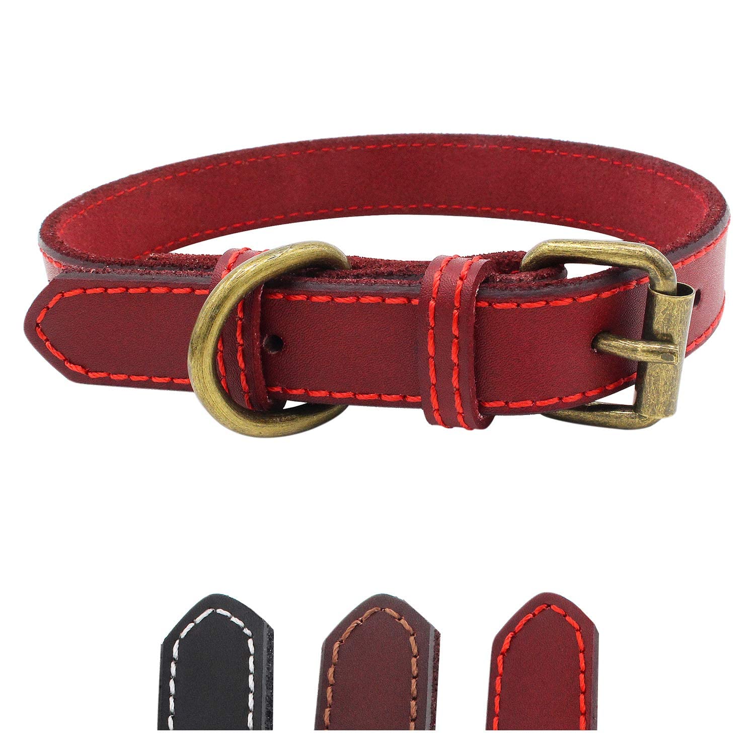ELECDON Genuine Leather Dog Collar for Puppy Small Medium and Large Dog (Red XS)