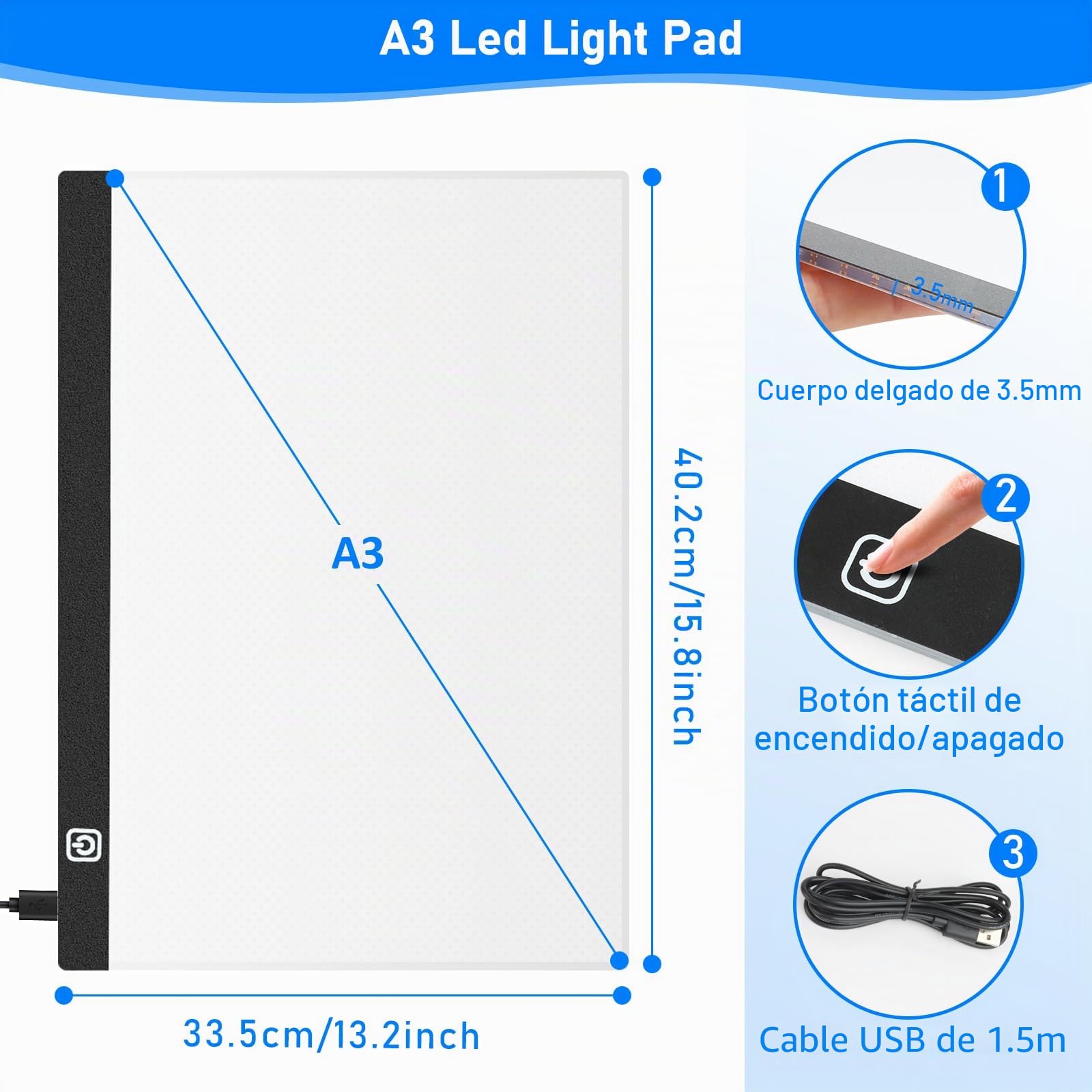 VFANDV Mesa de Luz A3, LED Tableta de Luz Dibujo de Dibujo Portátil con Brillo Ajustable Mesa de Luz para Calcar con Cable USB Mesa de Luz de Dibujo para Bocetos Diseño Dibujo Diamante Pintura