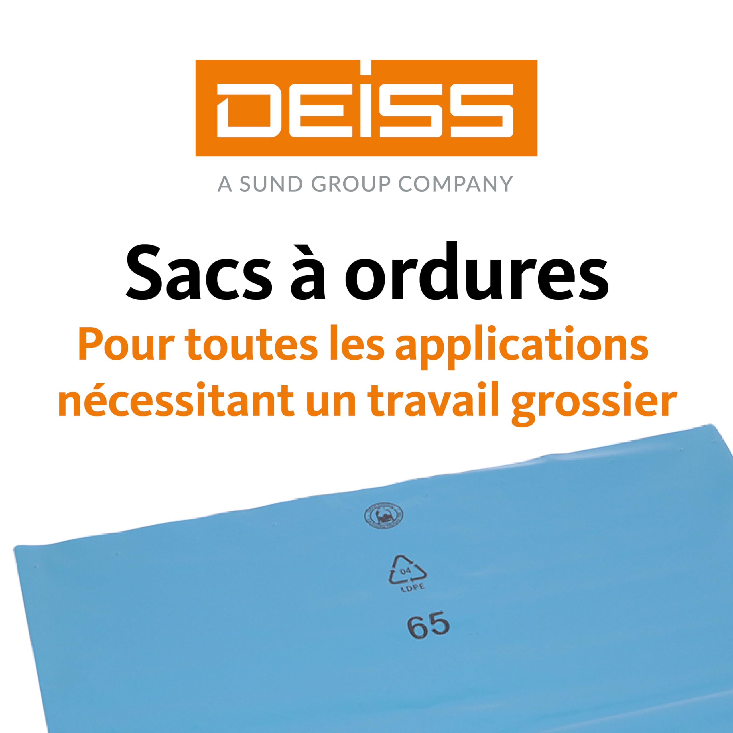 DEISS Sacs à déchets 240L bleus – 1000x1250 mm – 60 µm – LDPE recyclé – 100 sacs/carton – robustes et opaques – pour restauration, nettoyage, industrie et collectivités