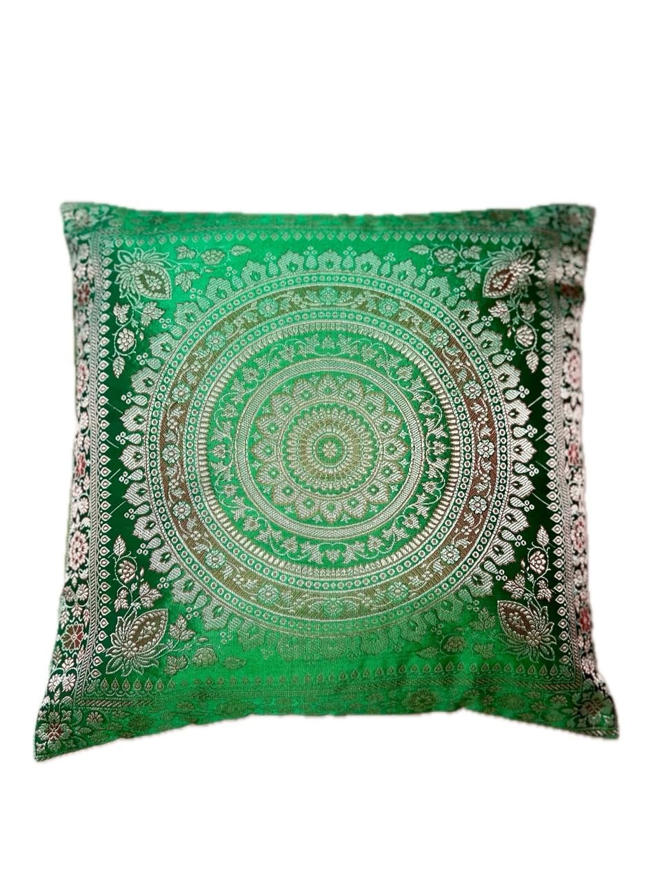 Handgewebter Banarasi-Seiden Kissenbezug 40x40 Cm – Mandala-Muster, Schwarz, Mit Reißverschluss – Aus Indien